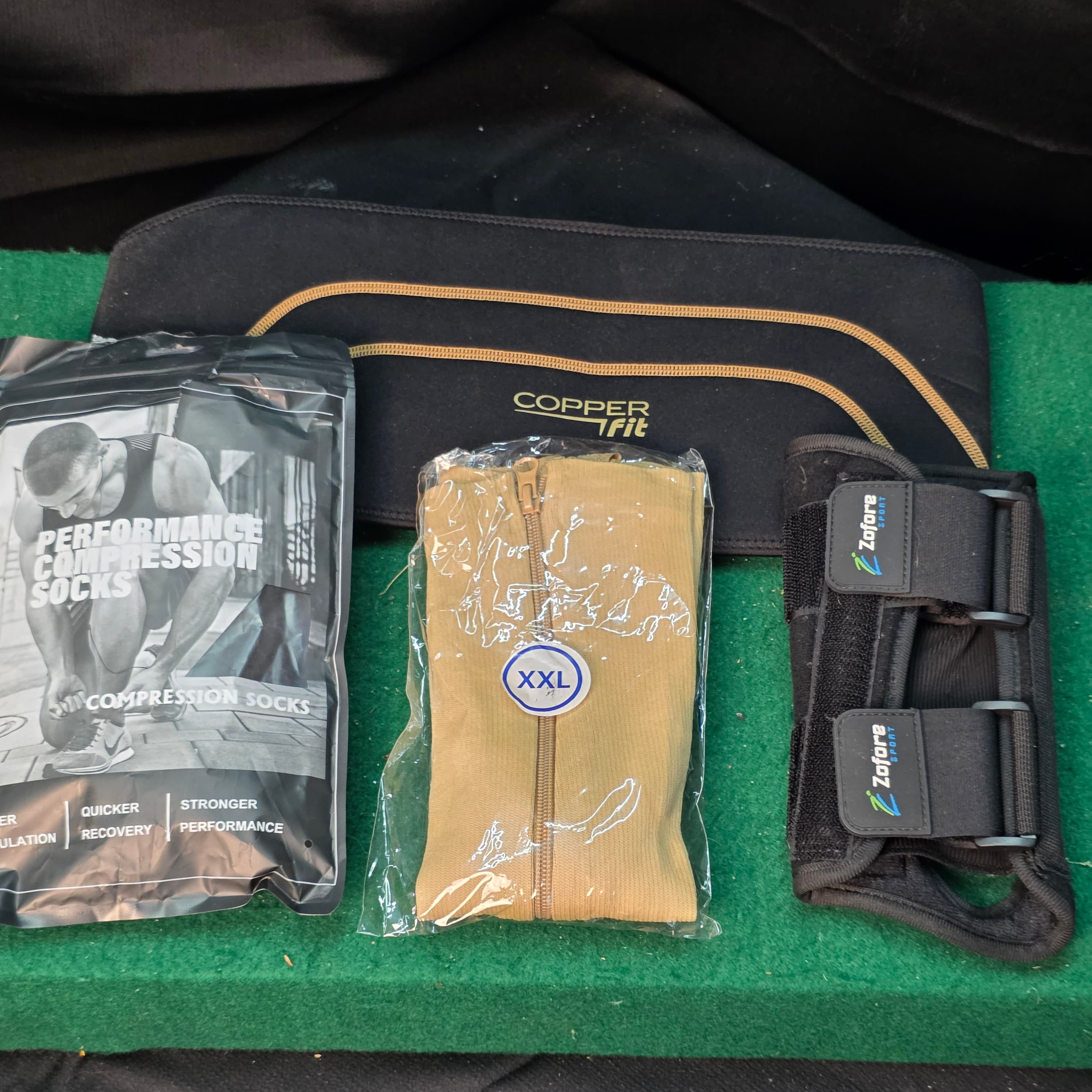 Copper Fit Back Support, Wrist Brace & XXL Zip-up Compression Socks Lot