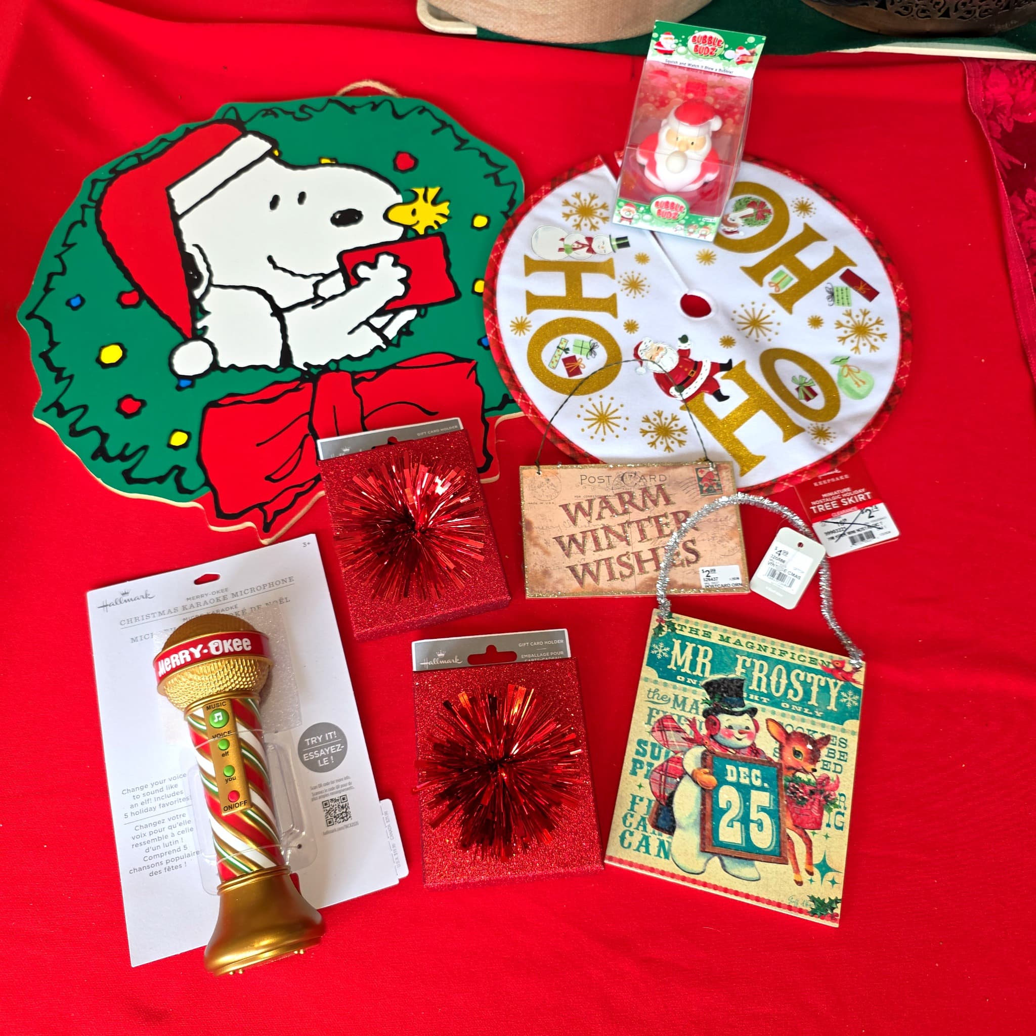 Christmas Lot of 8 — Hallmark, Snoopy, Tree Skirt & More