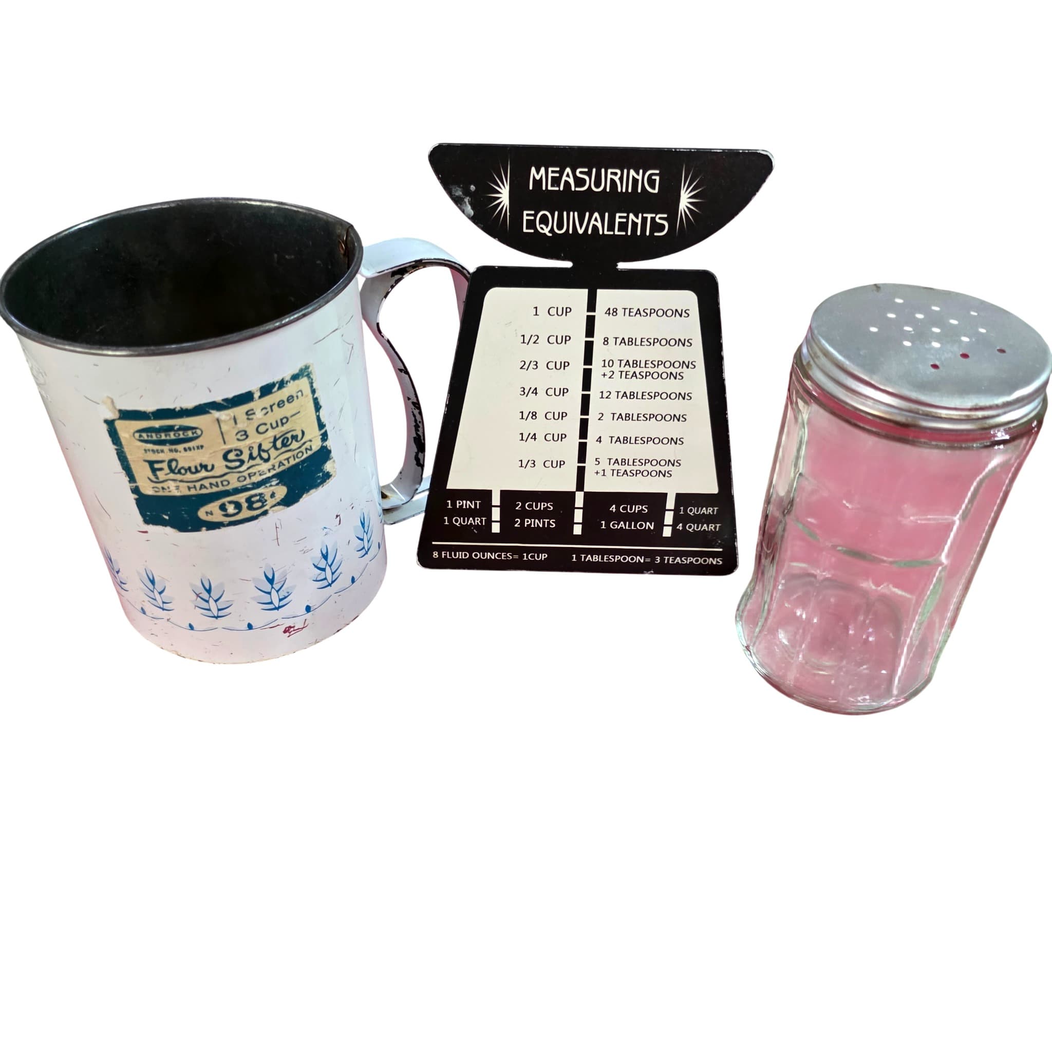 Vintage Kitchen Lot โ Androck Flour Sifter, Shaker Jar & Measuring Sign