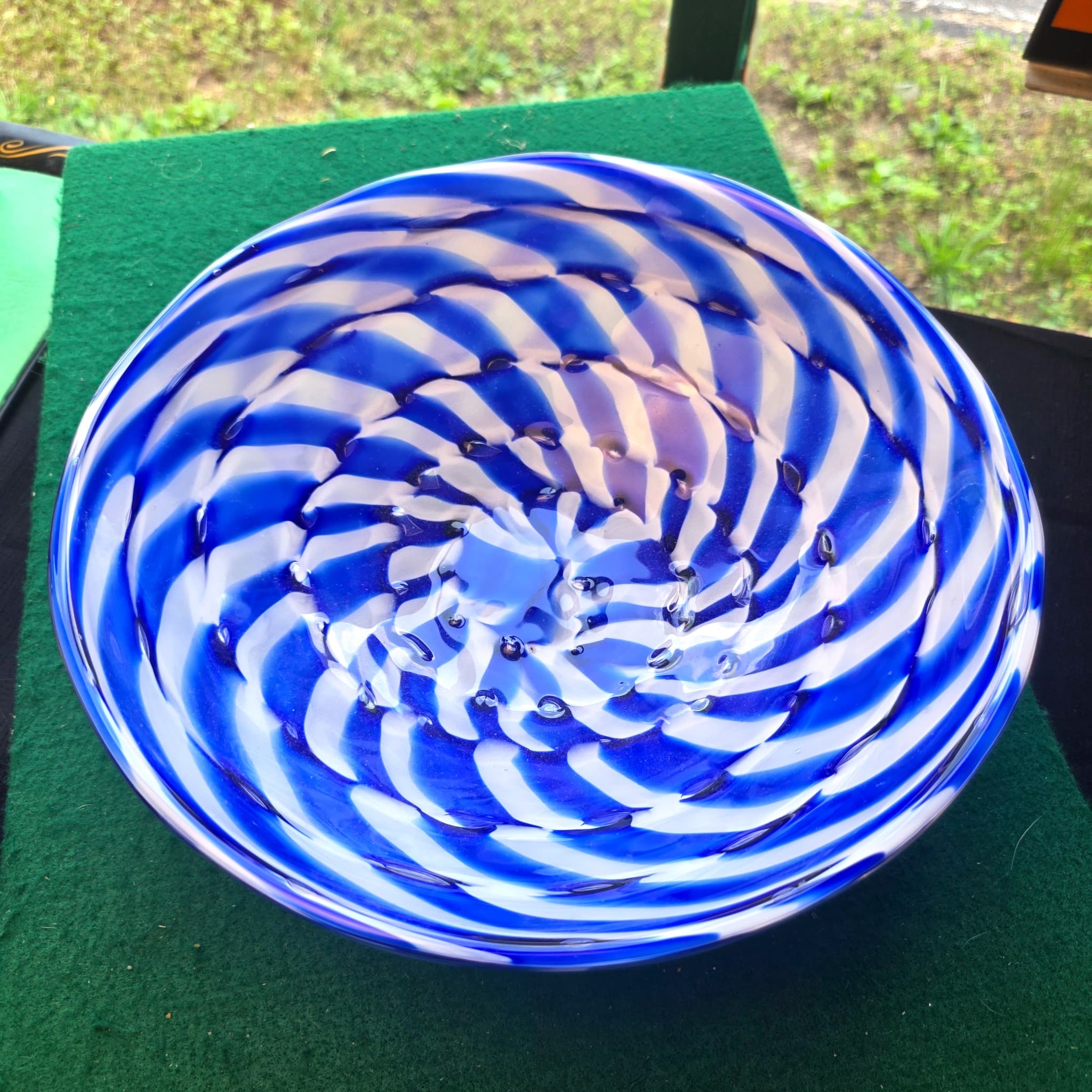 Hand Blown Art Glass Bowl, Blue & White Swirl