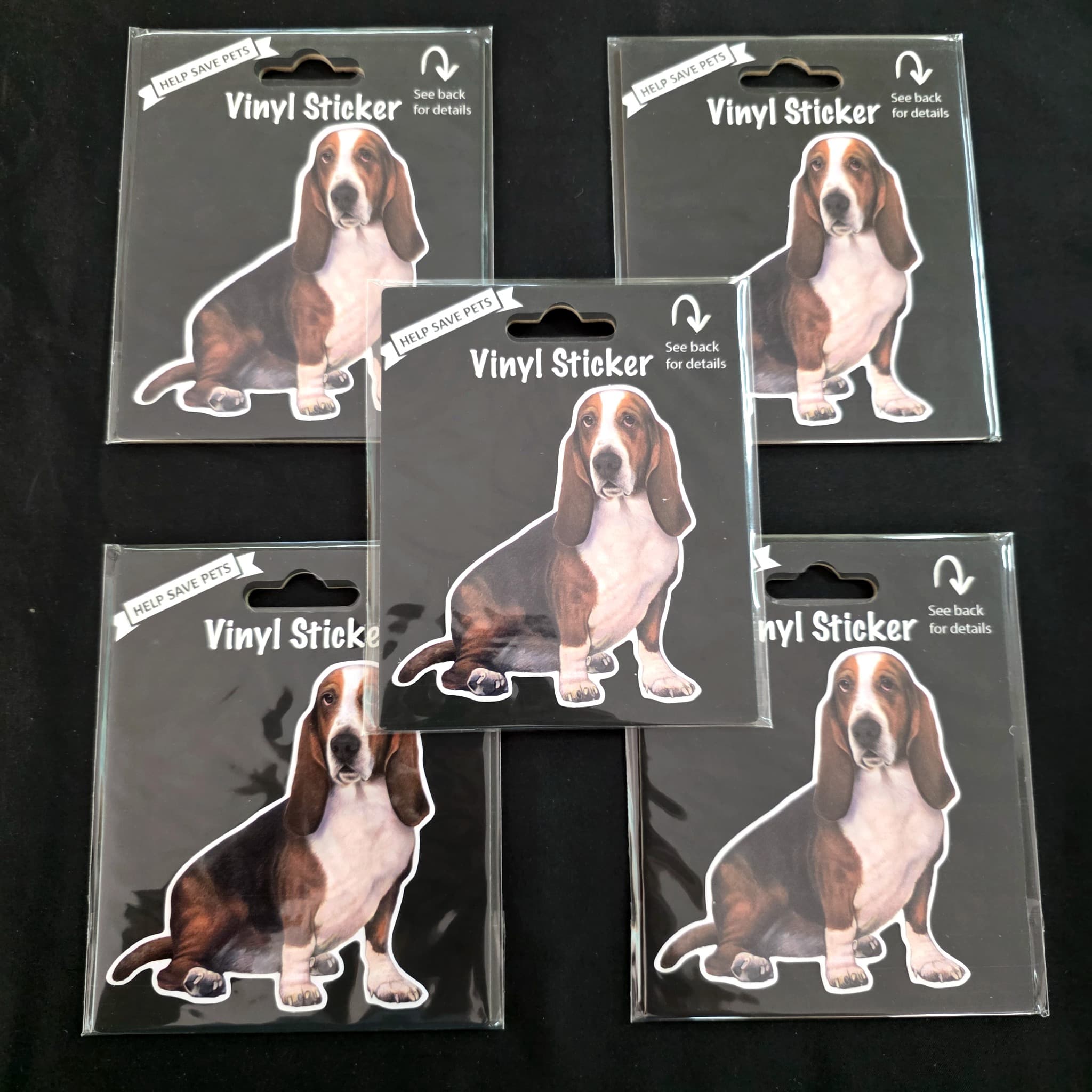 Basset Hound Vinyl Stickers, Lot of 5, Brand New