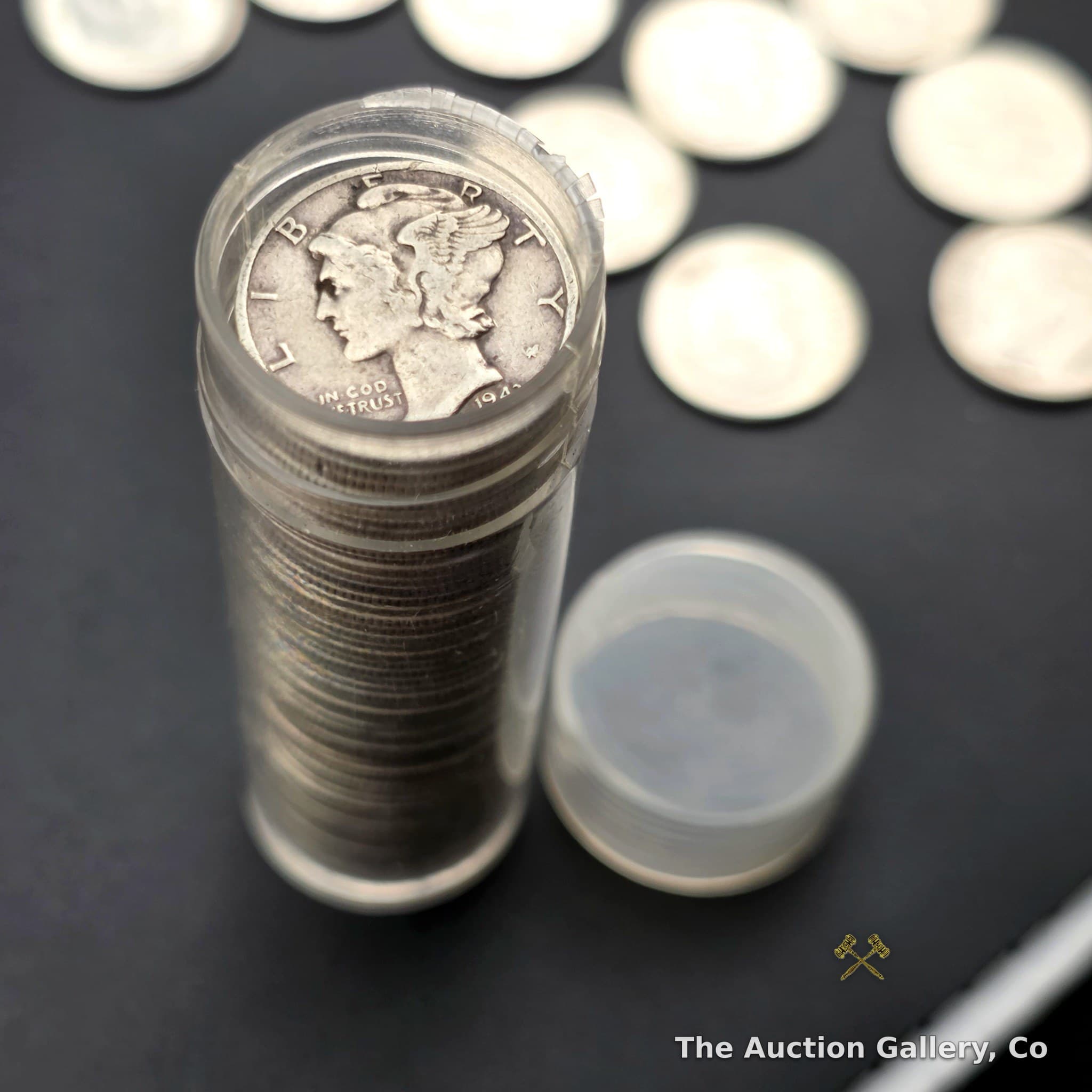 1943 Mercury Dime Full Roll, 90% Silver, 50 Coins