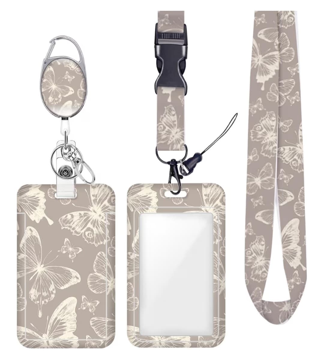 ID Badge Holder with Lanyard Retractable Badge Reel, Grey Butterfly