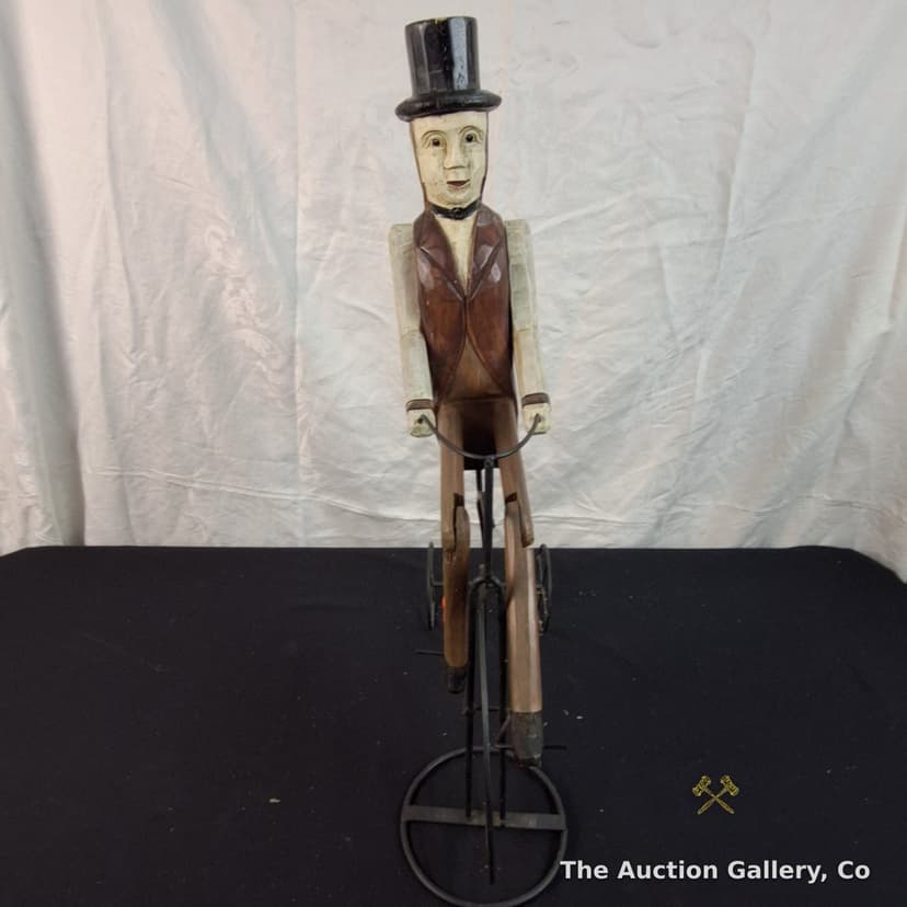 Folk Art Carved Wood Gentleman on Tricycle Figure, 24" β photo 2