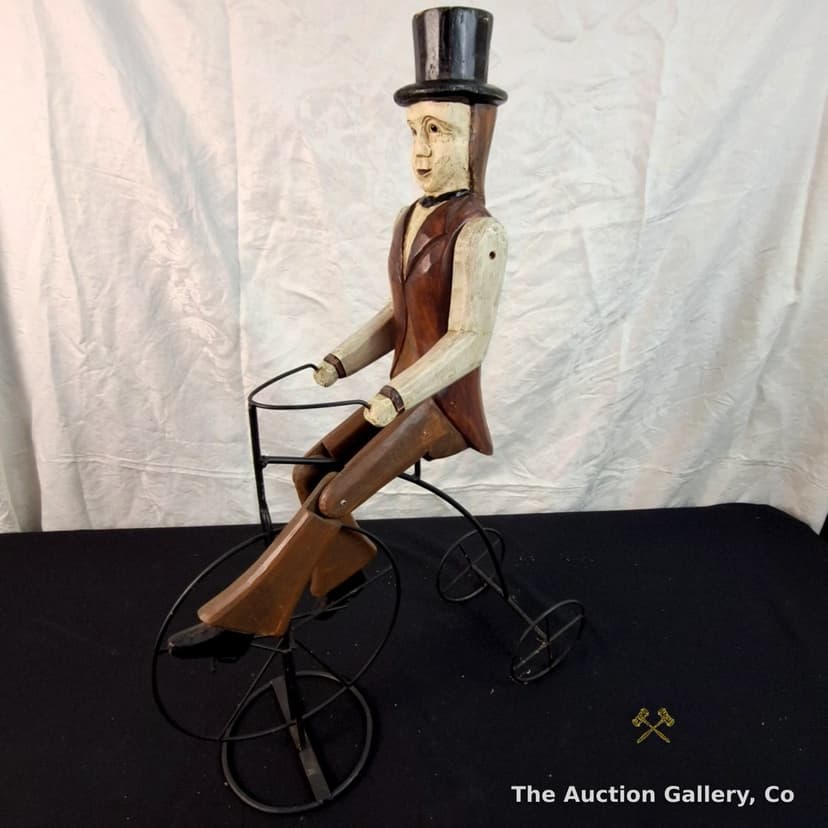 Folk Art Carved Wood Gentleman on Tricycle Figure, 24"