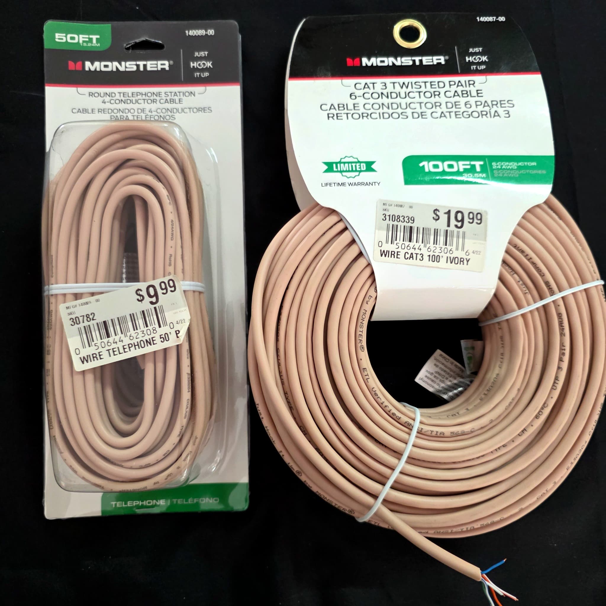Monster Telephone & CAT3 Cable Lot, 50ft and 100ft