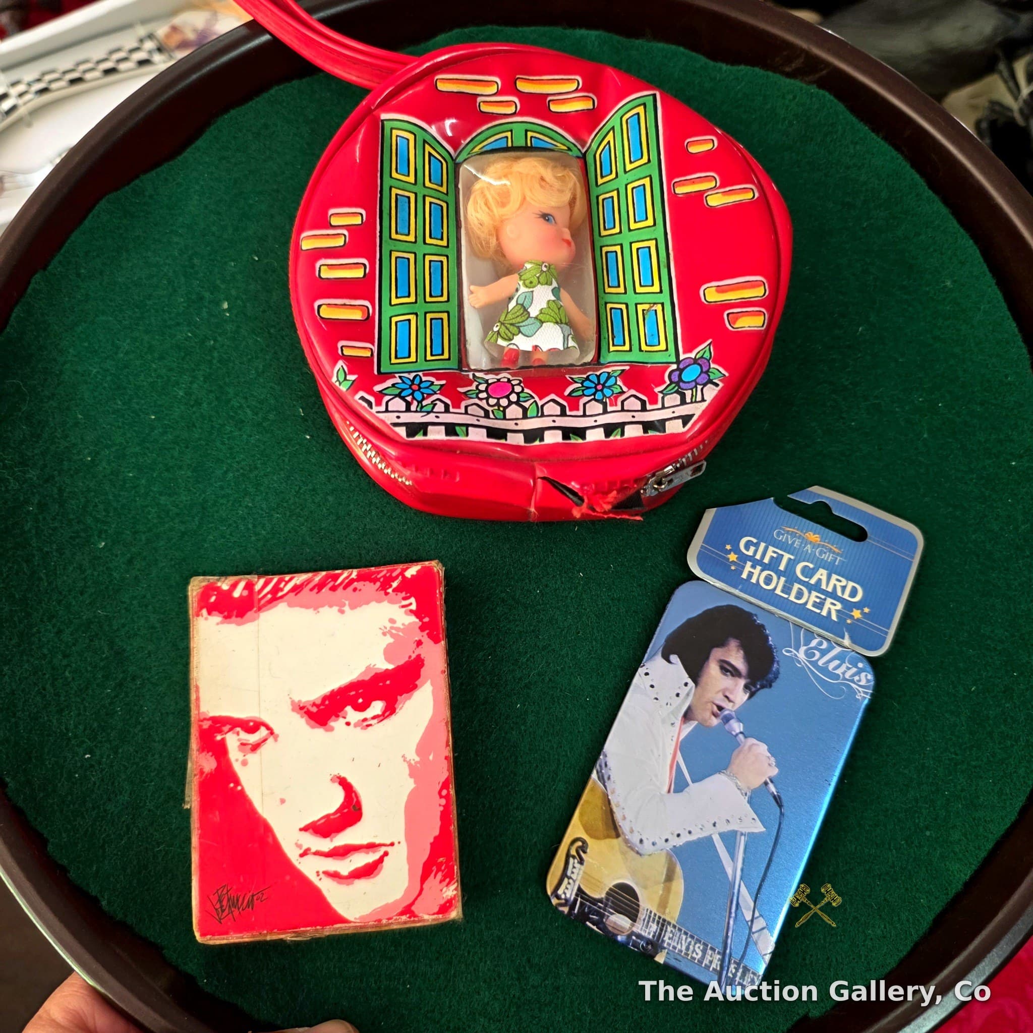Elvis Presley Collectibles Lot with Vintage Doll Purse, Playing Cards, Gift Card Holder