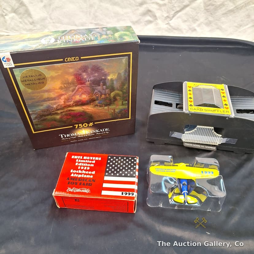 Mixed Lot: Kinkade Puzzle, Ertl Airplane, Card Shuffler