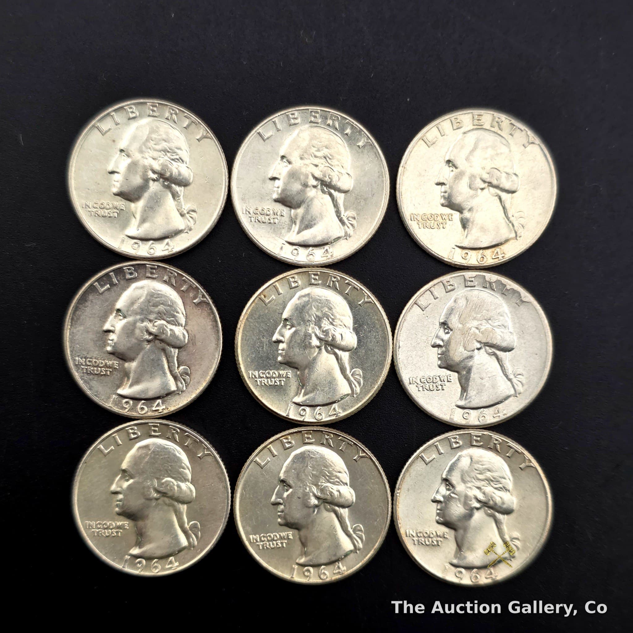 1964 Washington Silver Quarters, Philadelphia, Lot of 9