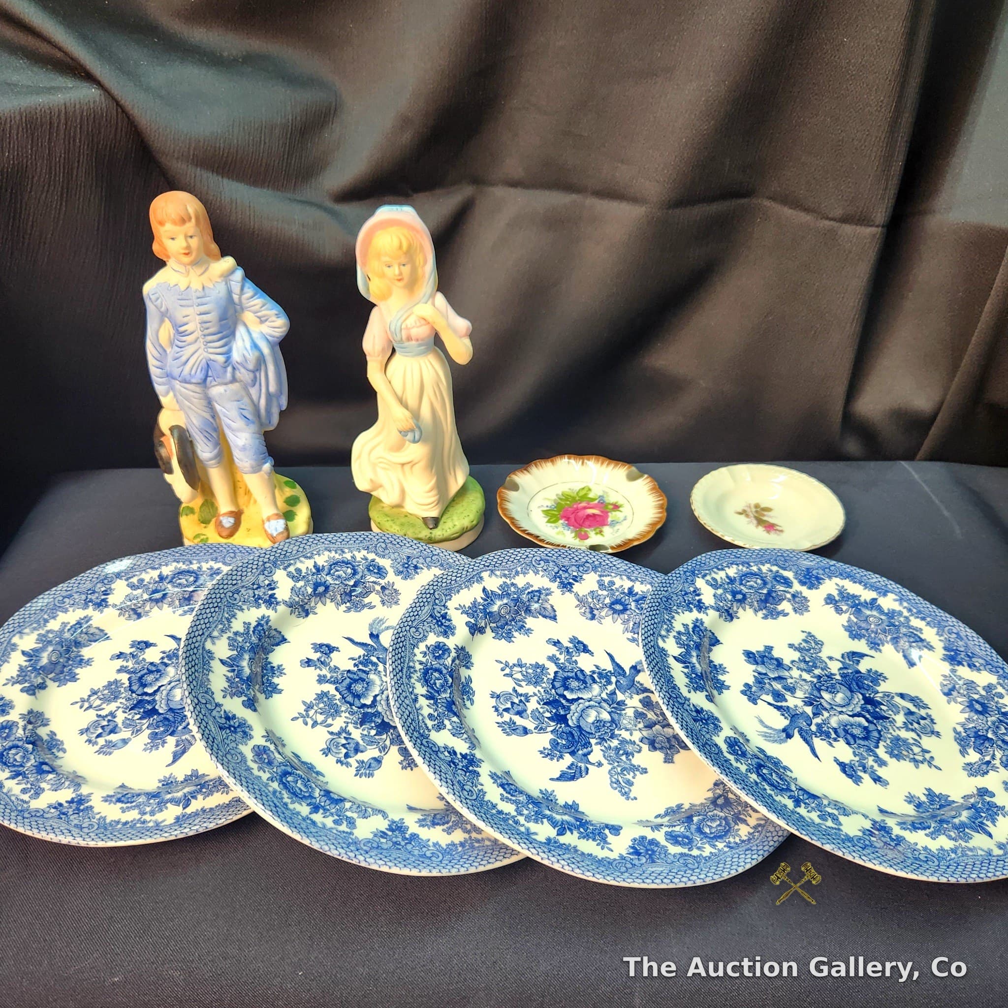 Blue Transferware Plates, Figurine Pair & Trinket Dishes, 8-Piece Lot