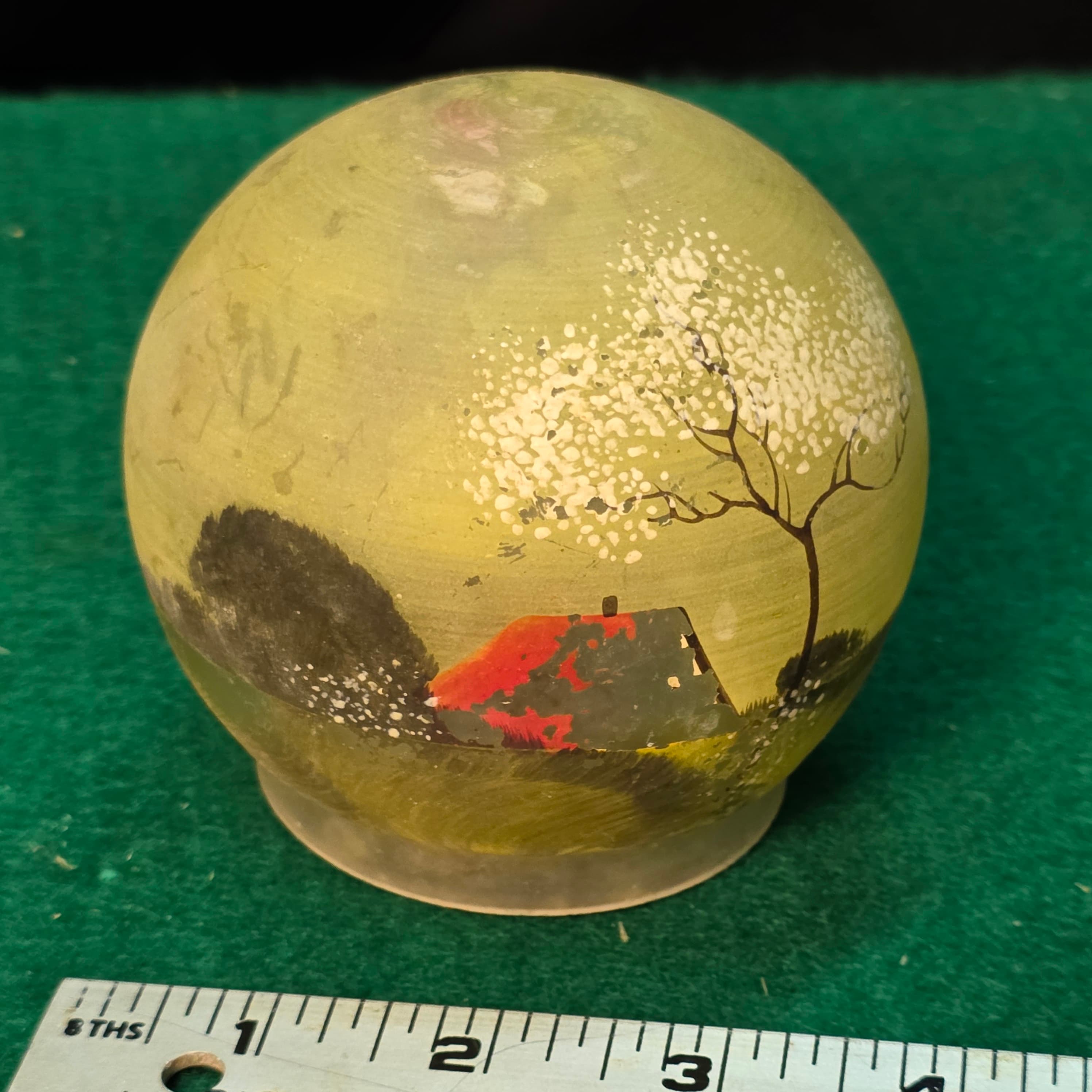 Antique Reverse Painted Satin Glass Fairy Lamp Landscape Shade & Metal Burner Base
