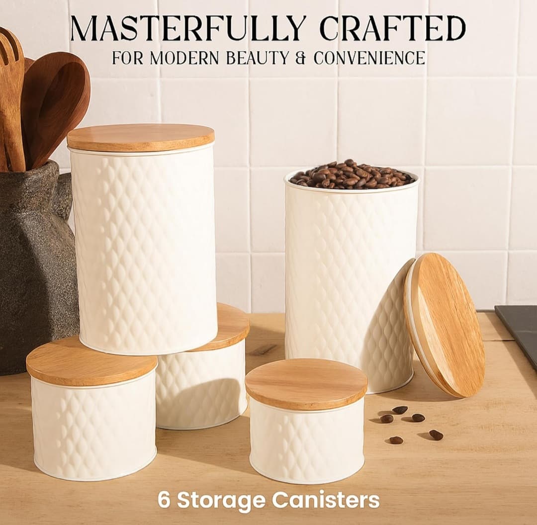 6 Canister Set - Air Tight - Sugar,Flour,Cookies,Ect (White)
