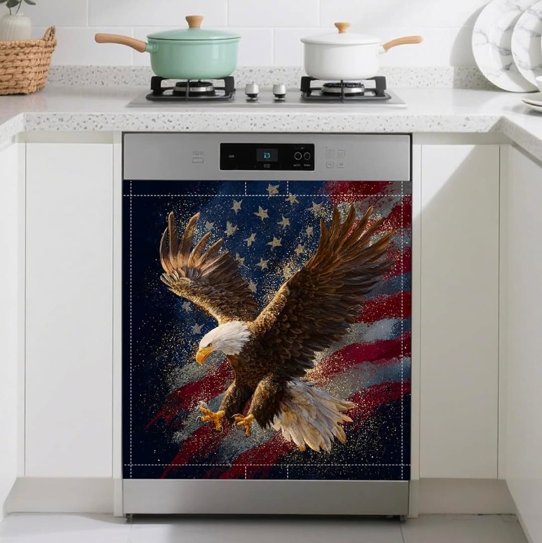 American Flag Eagle Dishwasher Magnet Cover Front Dishwasher Sticker Reusable Waterproof Removable Refrigerator Magnet Cover for Home Kitchen Appliance 23x26 Inch