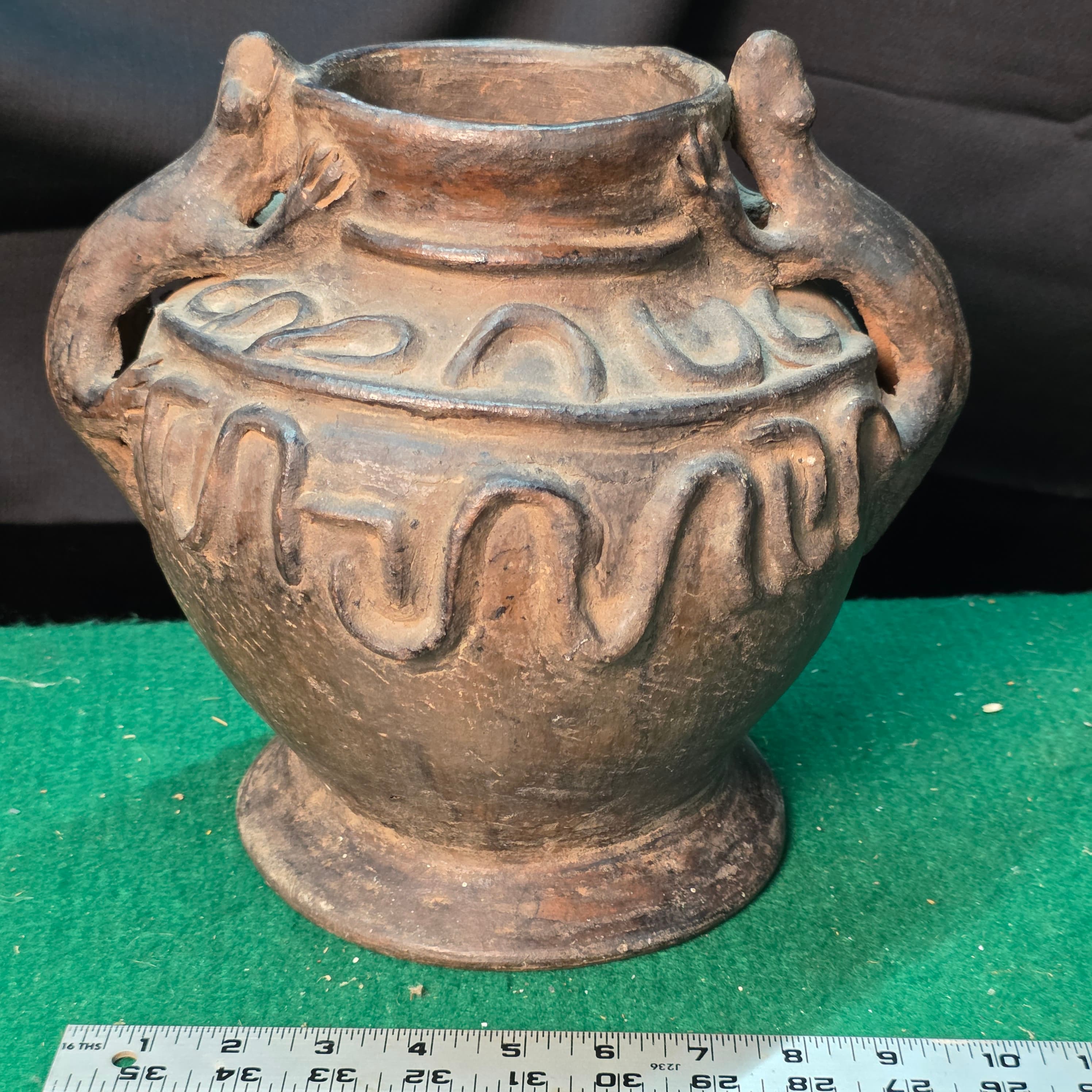 Pre-Columbian Style Terracotta Jar with Applied Lizard Handles & Geometric Relief