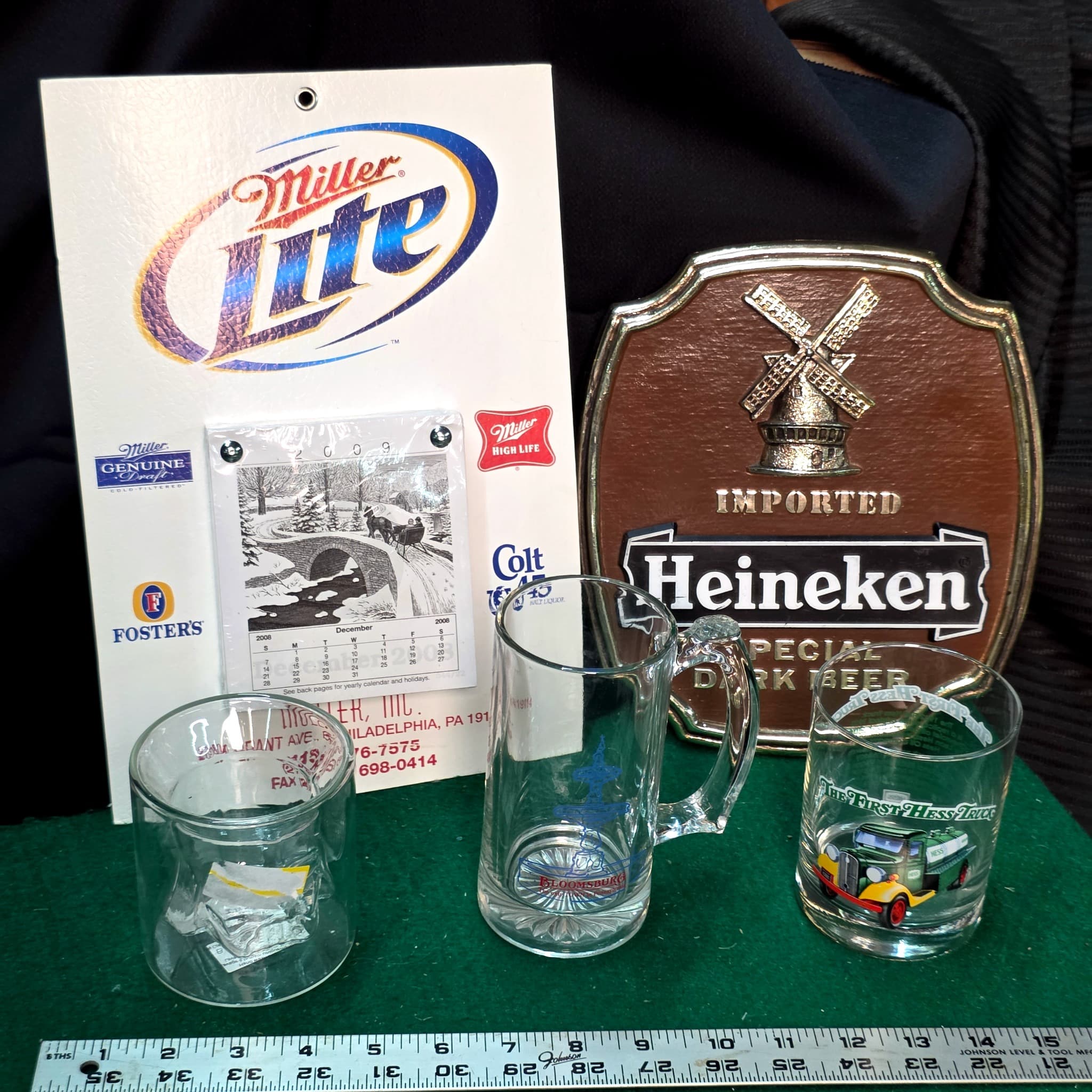 Beer & Collectibles Lot โ Heineken Sign, Hess Truck Glass, Miller Lite & More