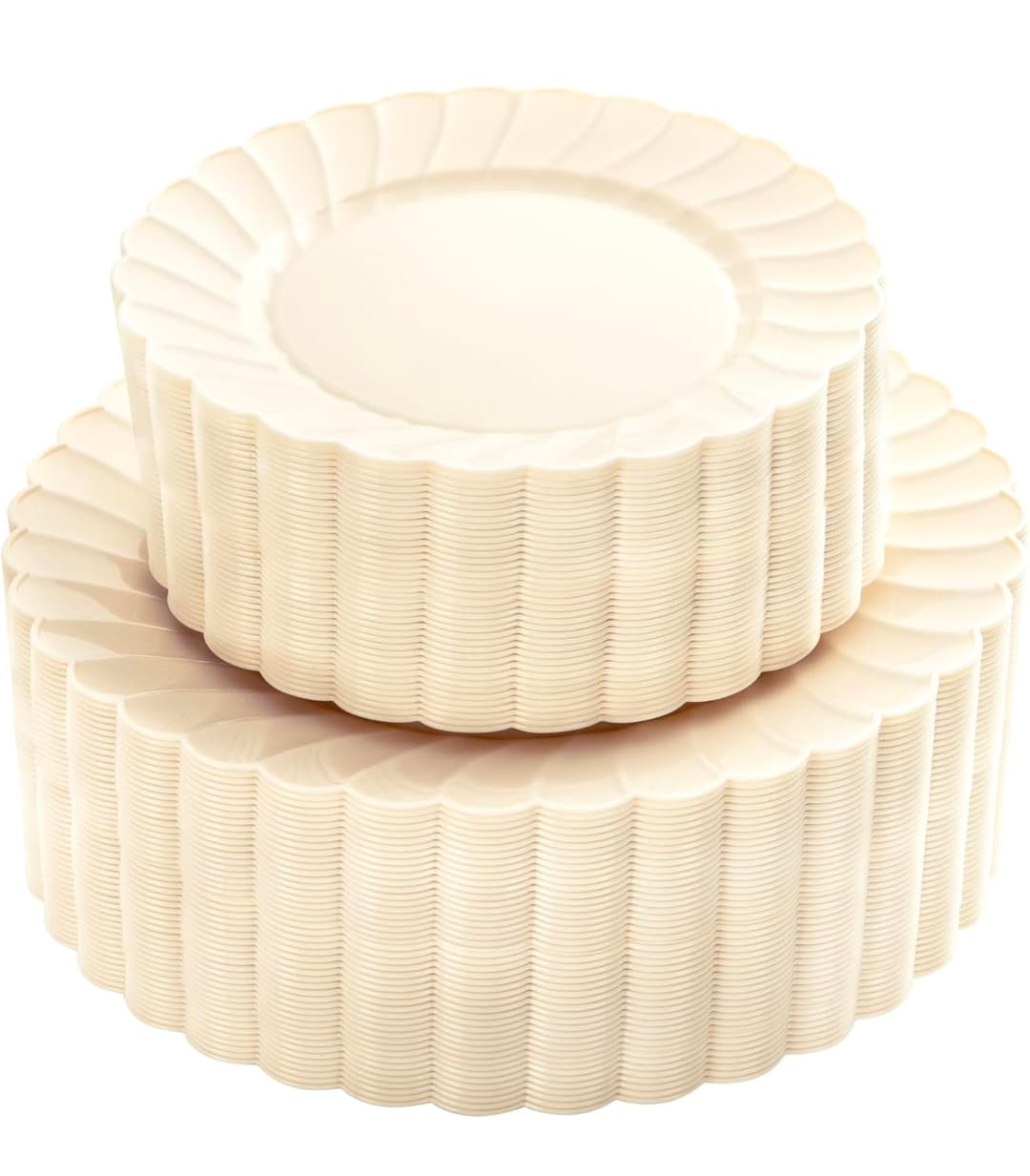 100PCS Ivory Scalloped Plastic Plates - Heavy Duty Disposable Fancy Hard Plates Include 50 Dinner Plate, 50 Dessert Plate, for Wedding & Party