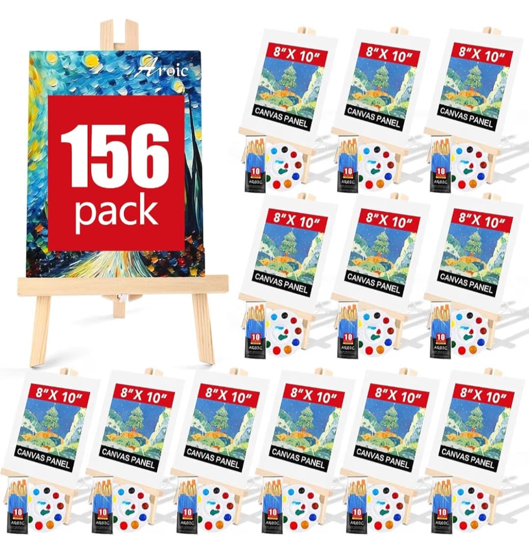 156 PCS Professional Painting Set with Easels, 12 Wood Easels,120 Brushes with Nylon Brush Head,12 Drawing Boardart and 12 Palette,