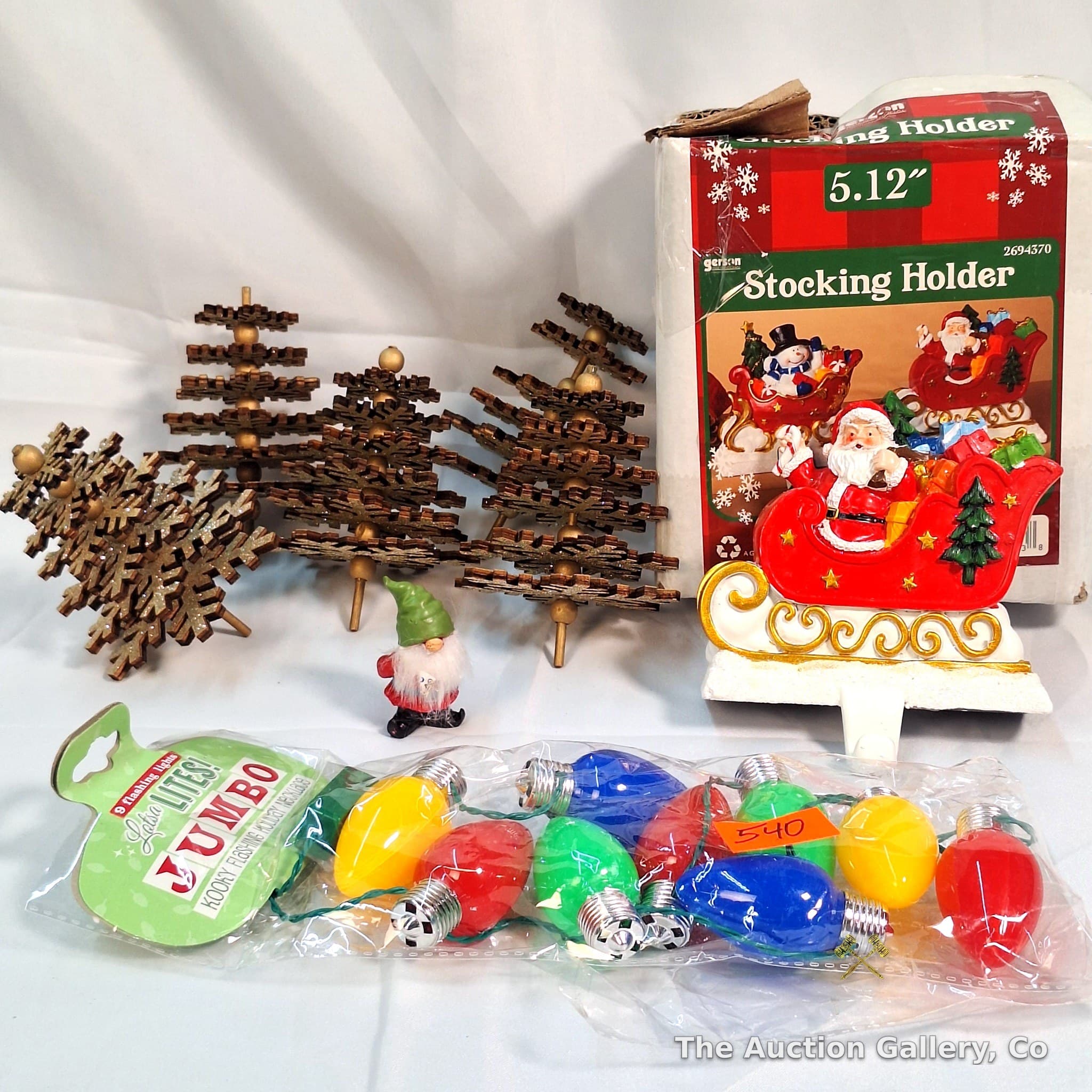 Christmas Lot — Wooden Trees, Stocking Holder, Gnome, Light Necklace