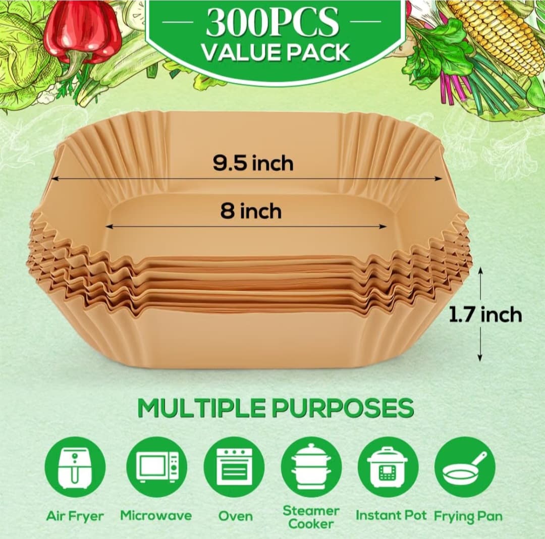 8in Square, 300PCS, Air Fryer Paper Liners Compatible with Ninja AF141 5 QT Pro AF181 6.5QT, Cosori Chefman 6 QT & Other 5 to 8Qt Airfryer