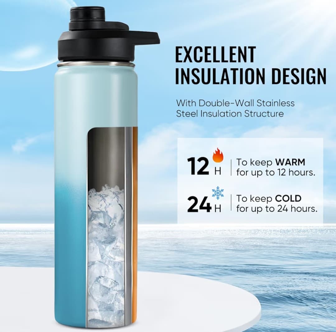 24 oz Insulated Water Bottle - 304 Stainless Steel - 12hr Hot, 24hr Cold