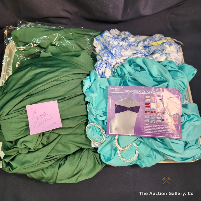 Chair Cover & Spandex Chair Band Lot โ Green Covers, Teal & Floral Bands