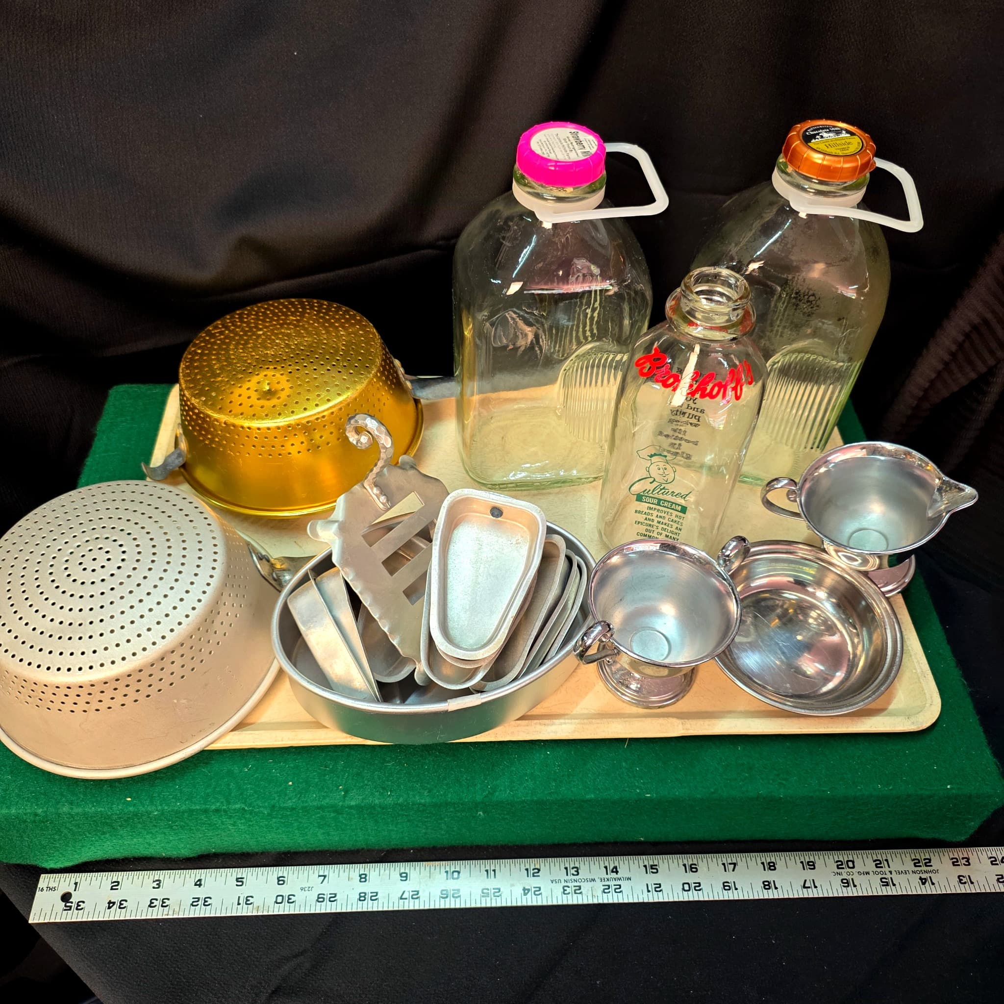 Vintage Kitchen Lot โ Milk Bottles, Colanders, Molds & Chrome