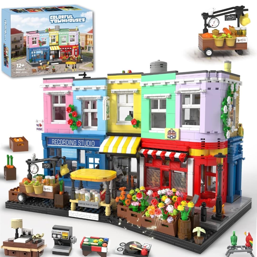 2,666 Piece Colorful City Market Building Block Set, London Architecture Main Street Building set with Recording Studio, Coffee Shop, Bakery & Flower Shop, Mini Street Scene