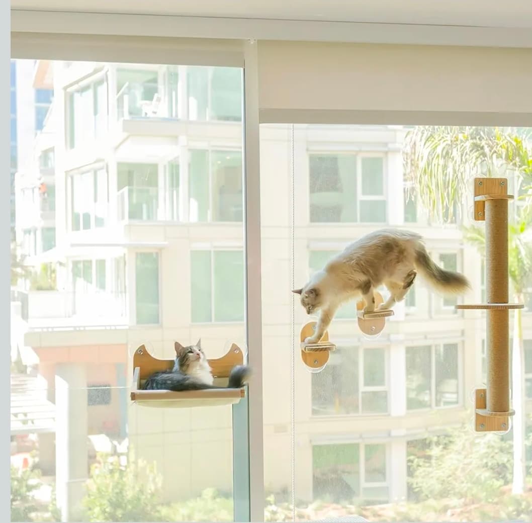 4-in-1 Window & Wall Mount Cat Wall Shelves β Hammock, Scratching Post & Perch | Fits up to 40 lbs | Space-Saving Pet Furniture for Windows, Glass & Drywall | Modern Wood Cat Shelf Set