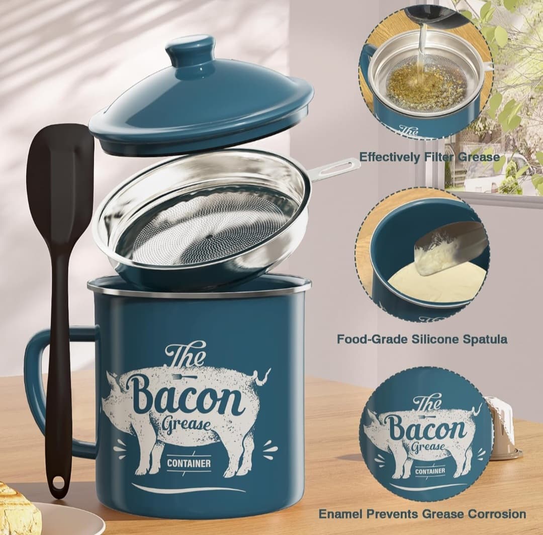 Bacon Grease Container With Strainer, 46OZ Large, with Silicone Spatula
