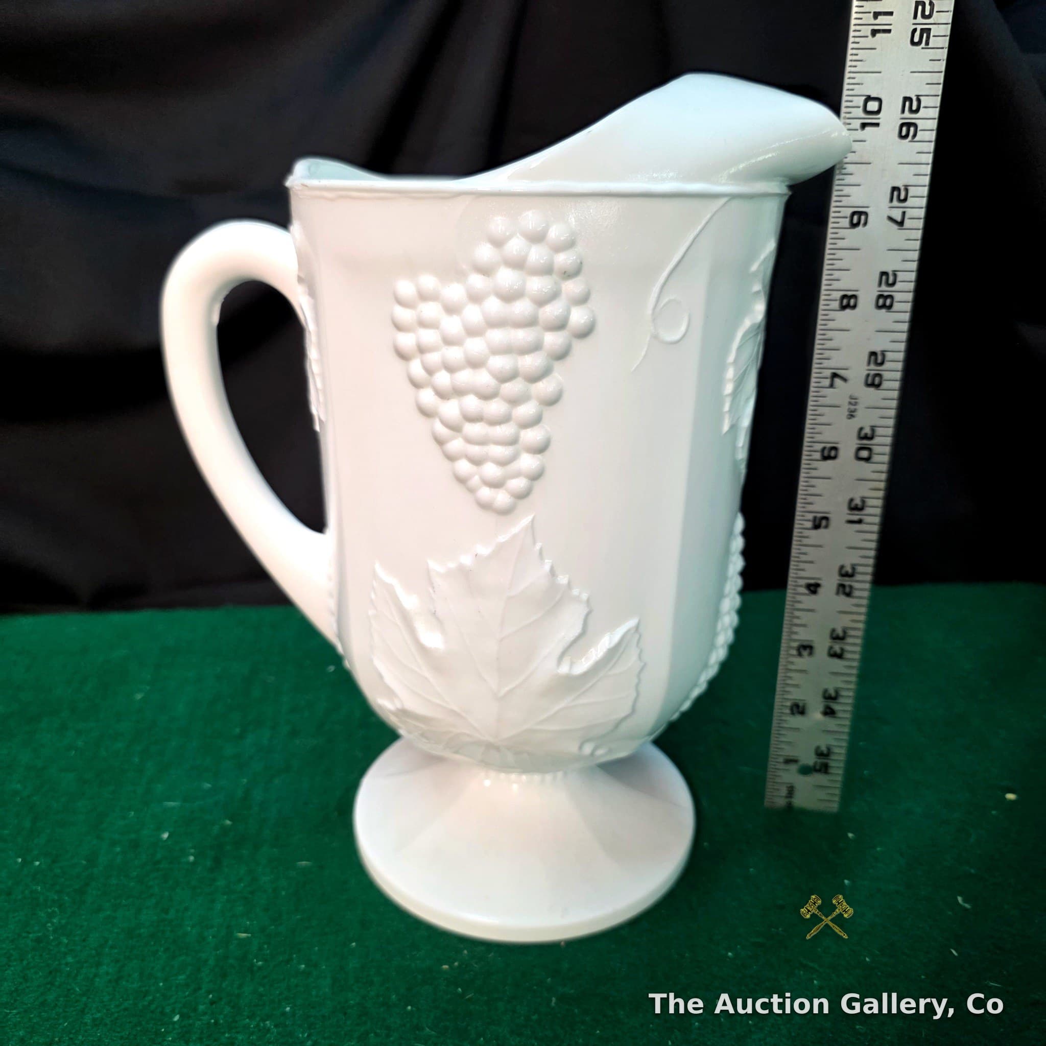 Vintage Milk Glass Footed Pitcher, Embossed Grape Pattern