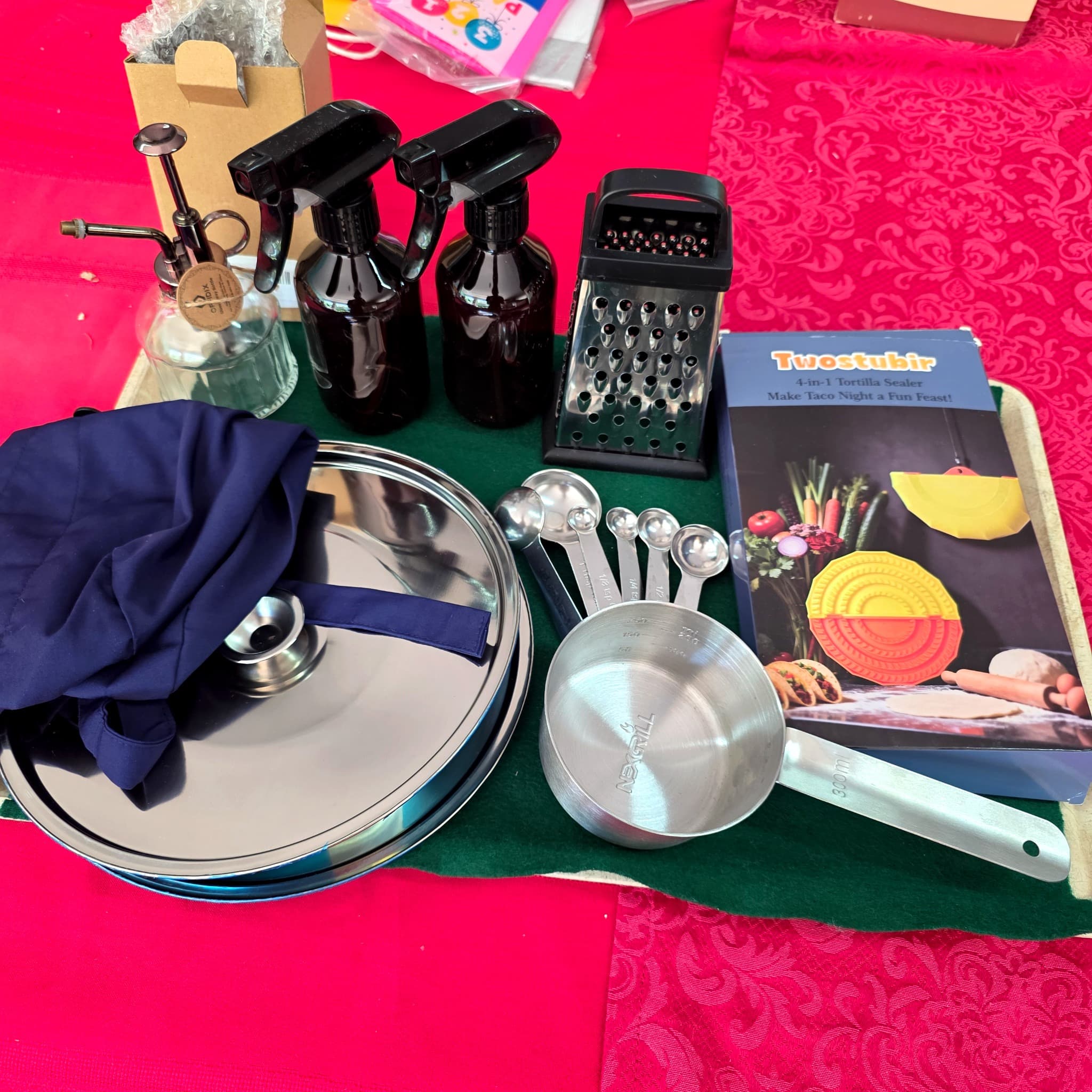 Kitchen Lot: Cookware, Spray Bottles, Grater, Measuring Spoons, More