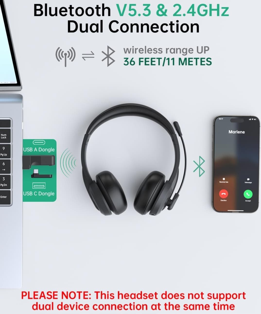 AOC Wireless Headset with Mic for Work, AI Noise Cancelling, Bluetooth AI Noise Cancelling Mic, Bluetooth 5.3, USB-A/C Dongle Included, Mic Mute, Compatible with PC, Laptop & iPhone