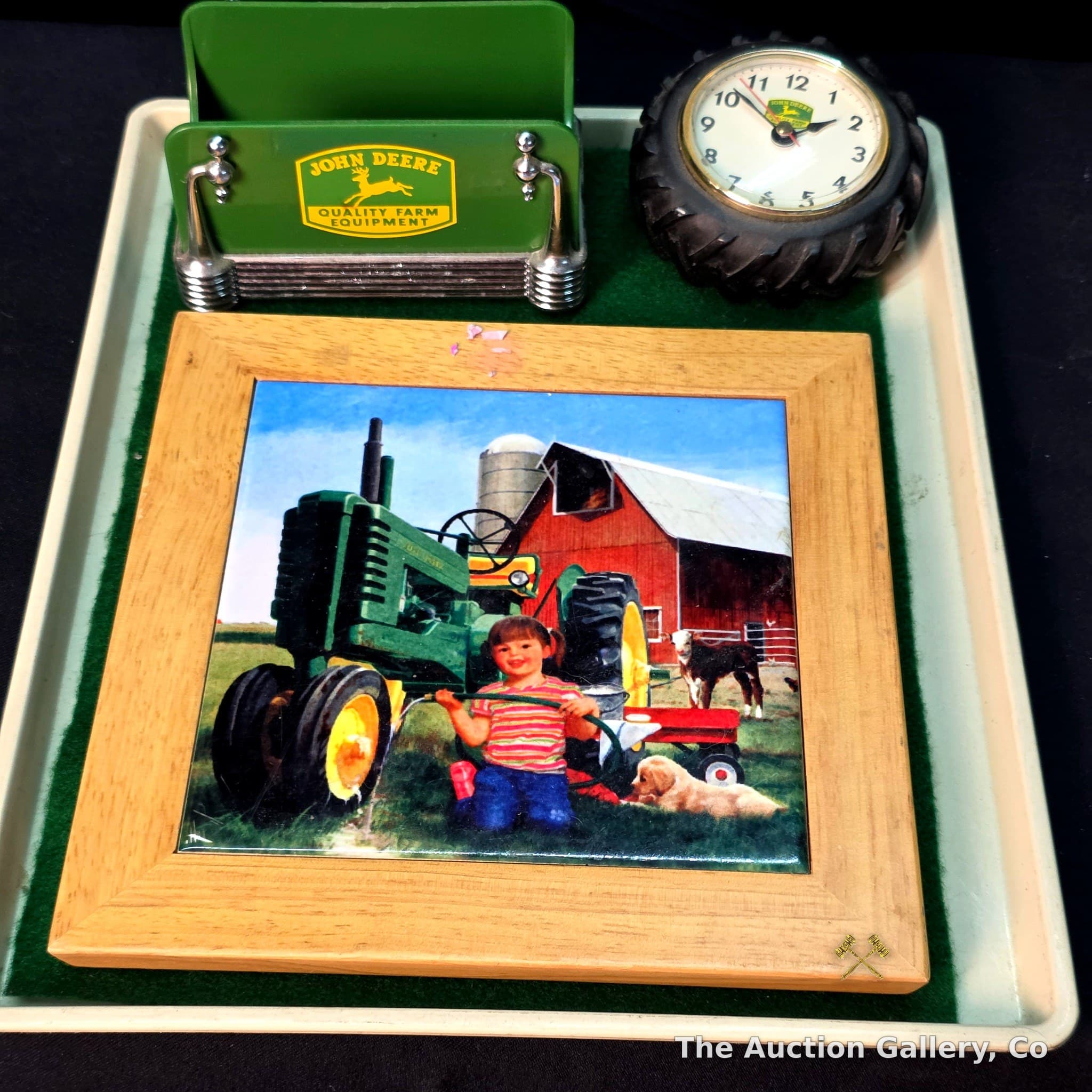 John Deere Lot of 3 โ Tire Clock, Napkin Holder, Ceramic Tile