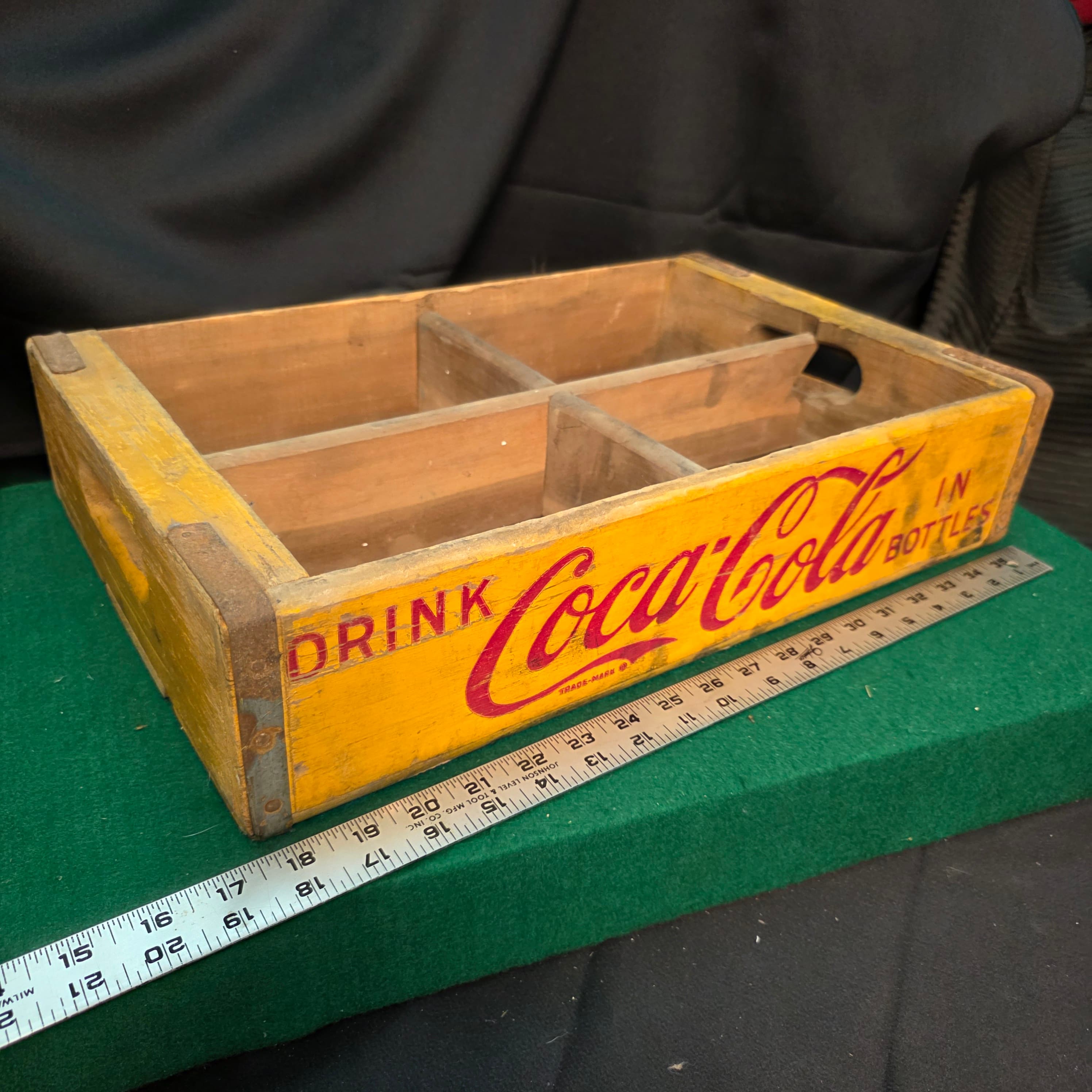 Vintage Coca-Cola Yellow Wooden Bottle Crate, 18x12"