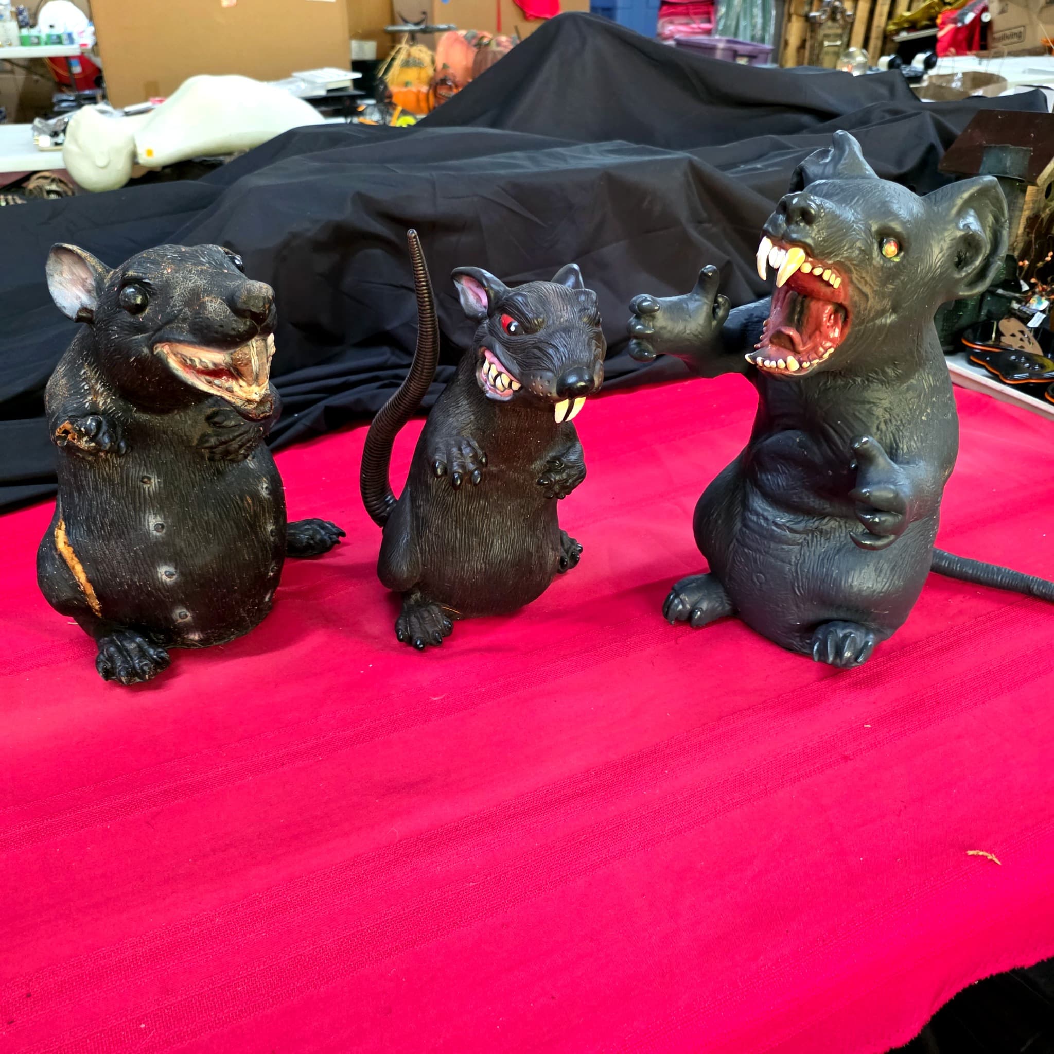 Three Vintage Rat Figurines with Rubber Tails