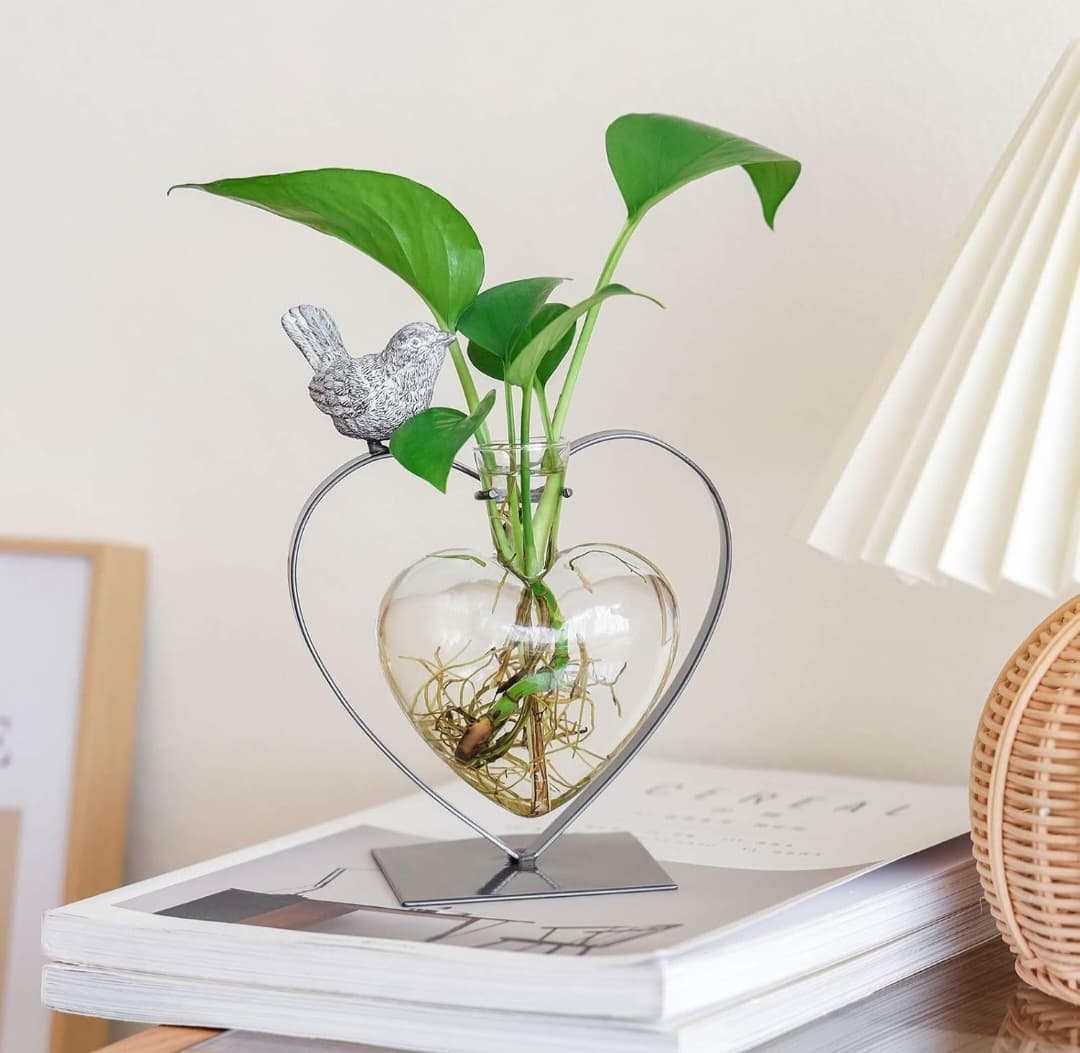 Glass Heart Vase with Bird