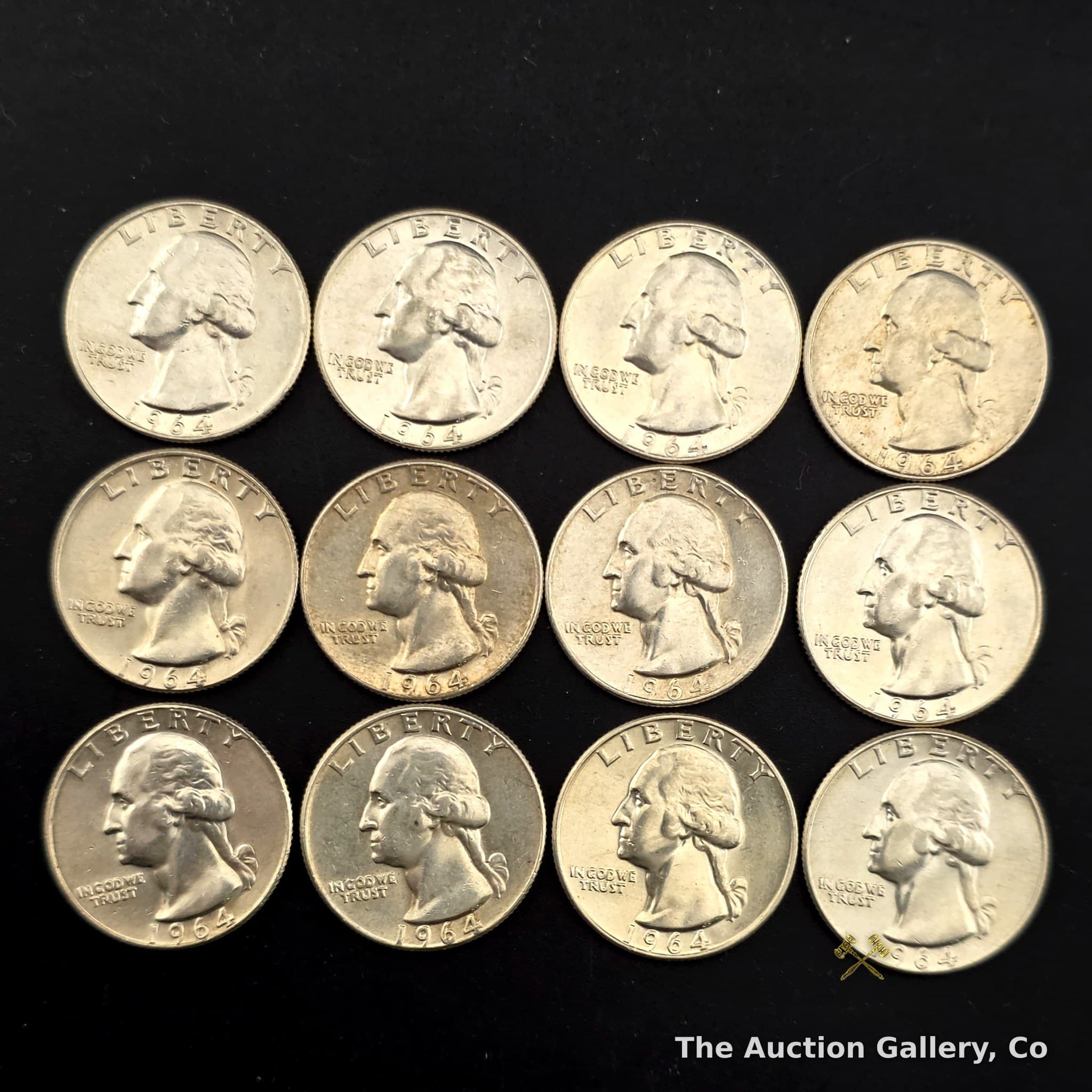 1964-D Washington Silver Quarters, Lot of 12, 90% Silver