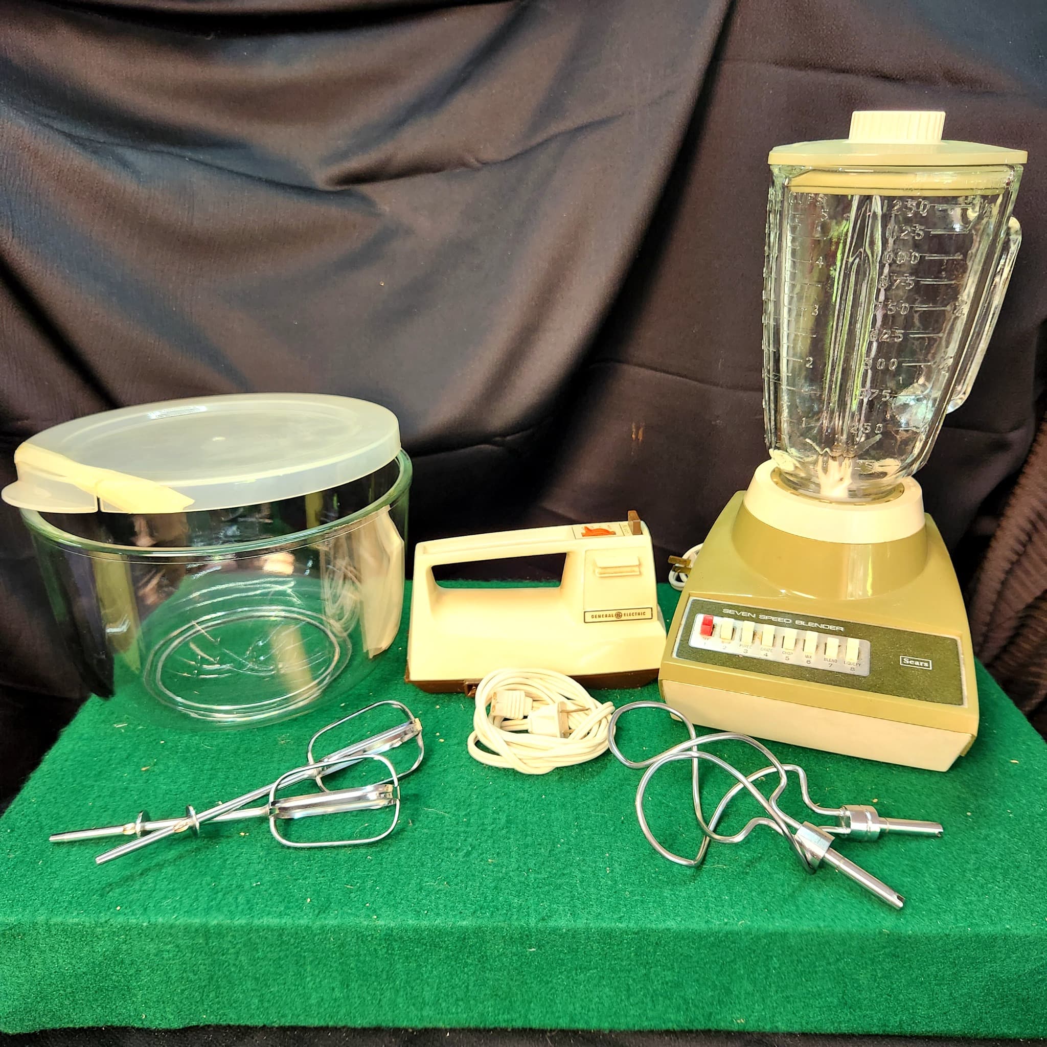 Vintage Sears Seven Speed Blender, GE Hand Mixer & Large Glass Bowl