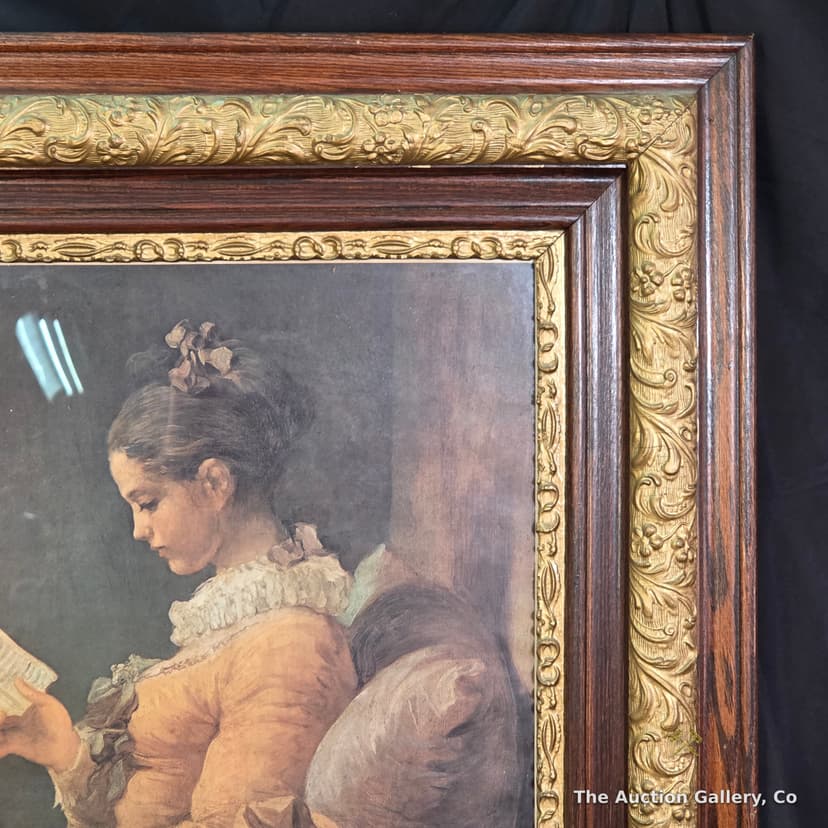 Fragonard "Young Girl Reading" Print, Antique Oak Frame β photo 3