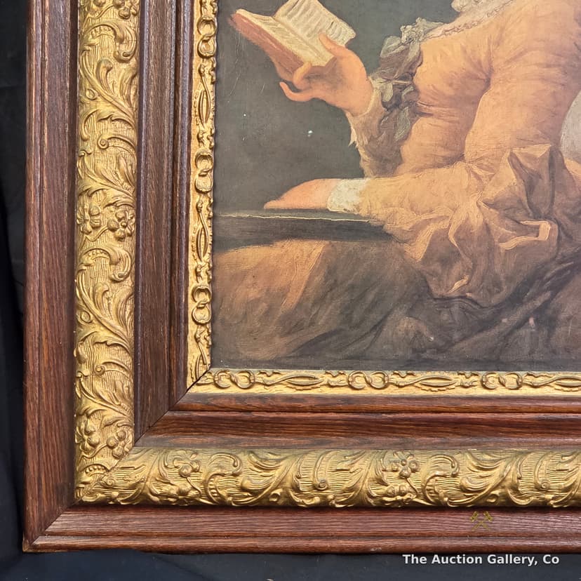 Fragonard "Young Girl Reading" Print, Antique Oak Frame β photo 4