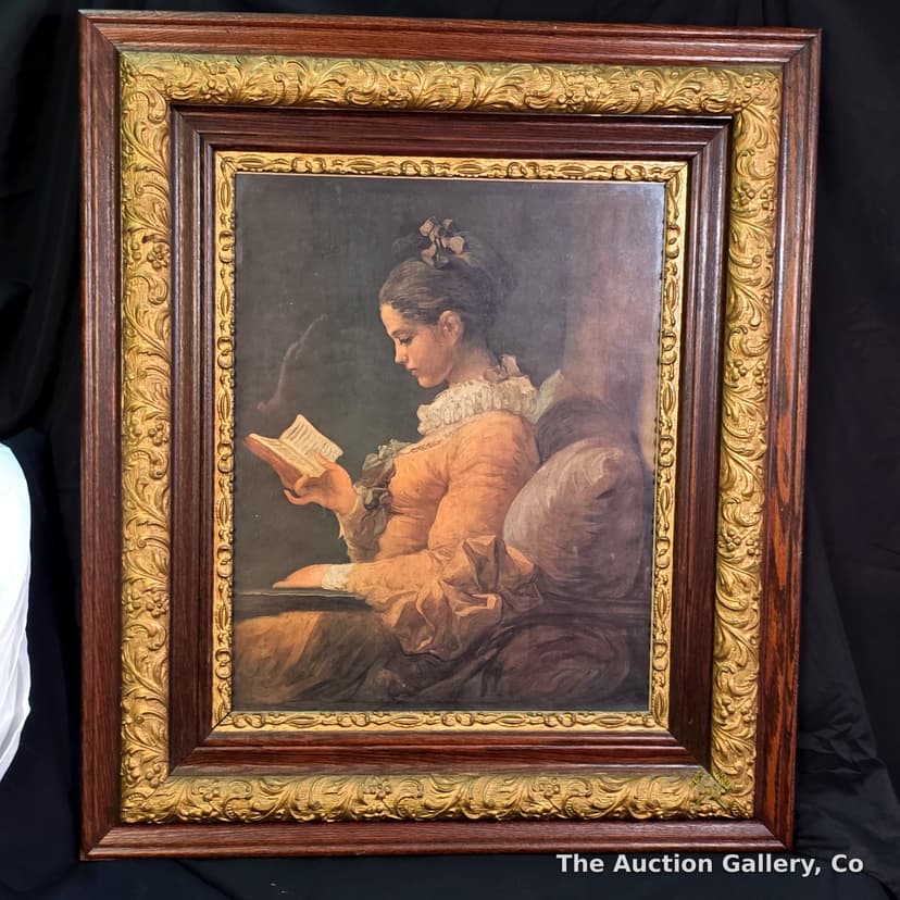 Fragonard "Young Girl Reading" Print, Antique Oak Frame