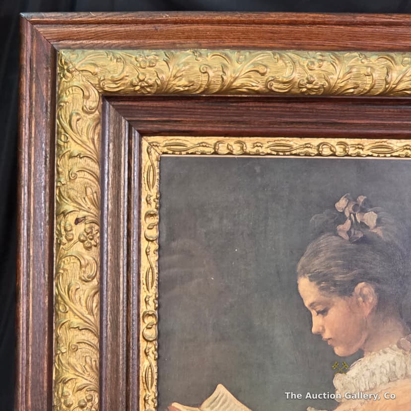Fragonard "Young Girl Reading" Print, Antique Oak Frame β photo 2