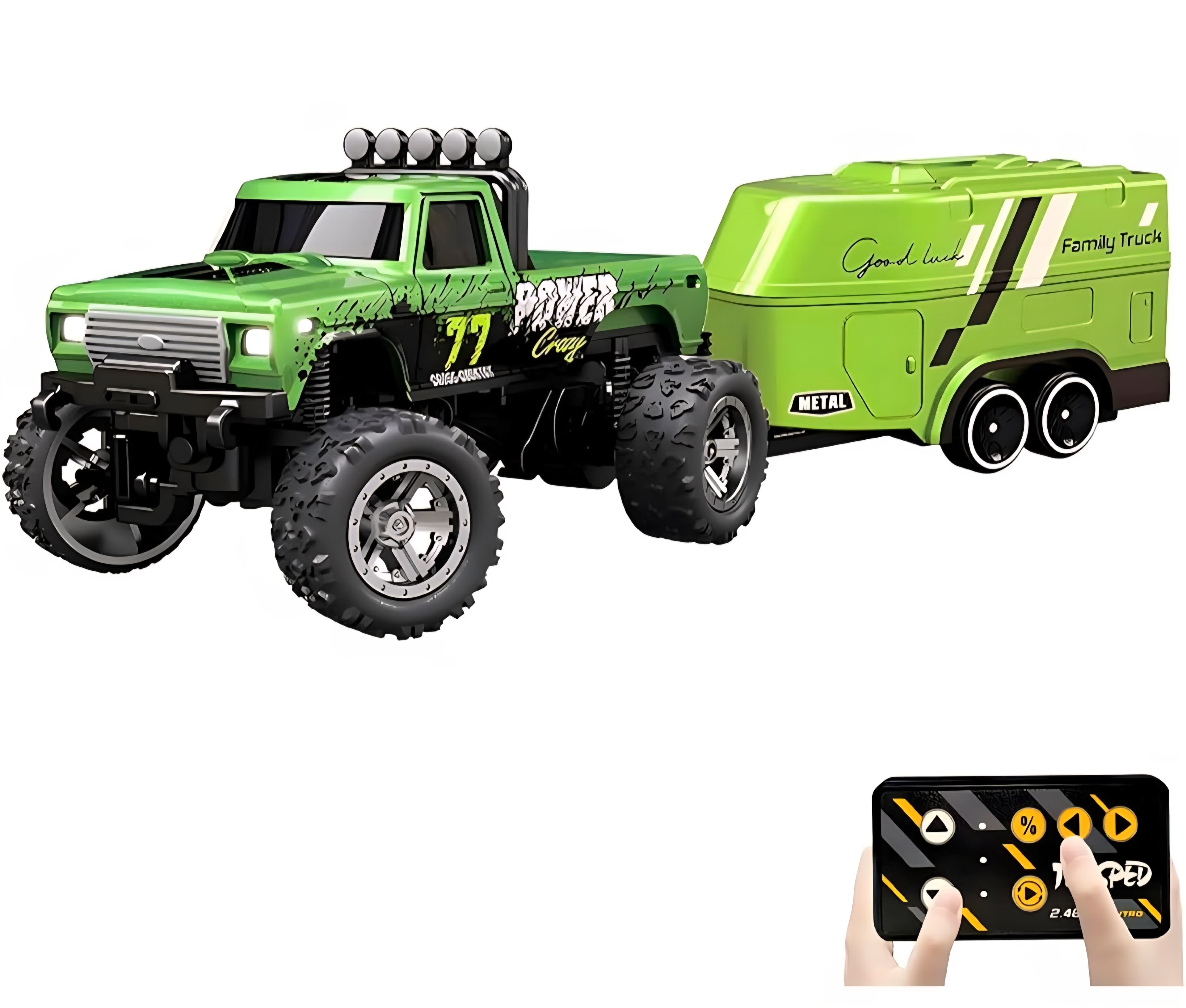 Remote Control Mini RC Monster Truck - 1: 64 Scale (Green) - Working Headlights - USB Recharge