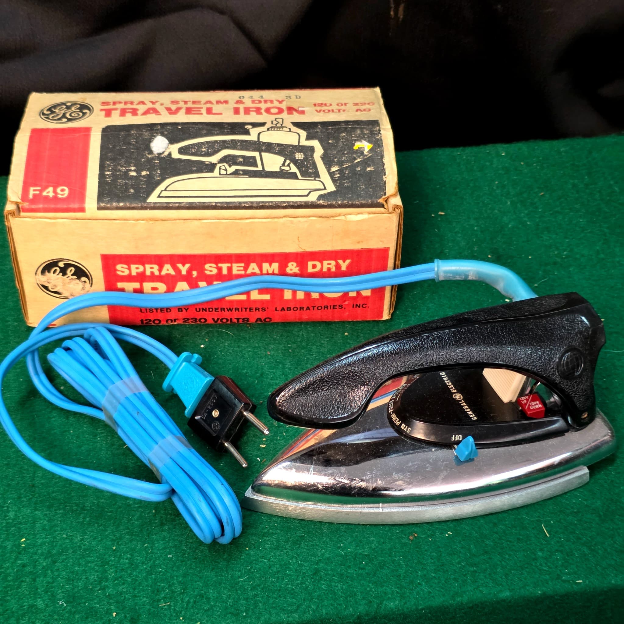 Vintage GE Spray, Steam & Dry Travel Iron, Model F49, in Original Box