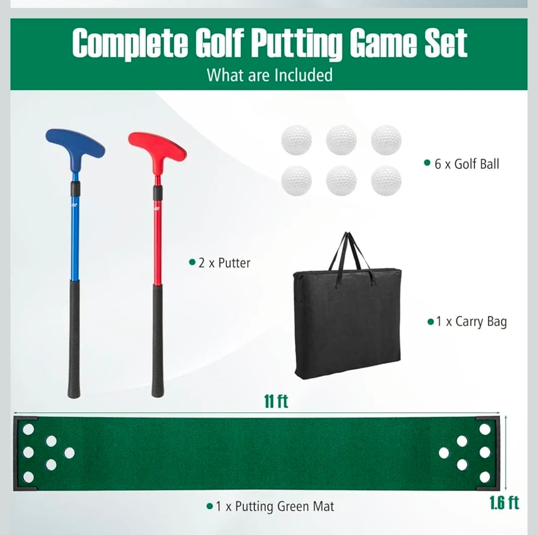 ULTIMATE Golf Putting Game Set, Indoor Outdoor 11FT Golf Training Mat, Putting Green Mat w/ 2 Adjustable Putters, 6 Balls & 12 Hole Covers for Party, Backyard, Home and Office