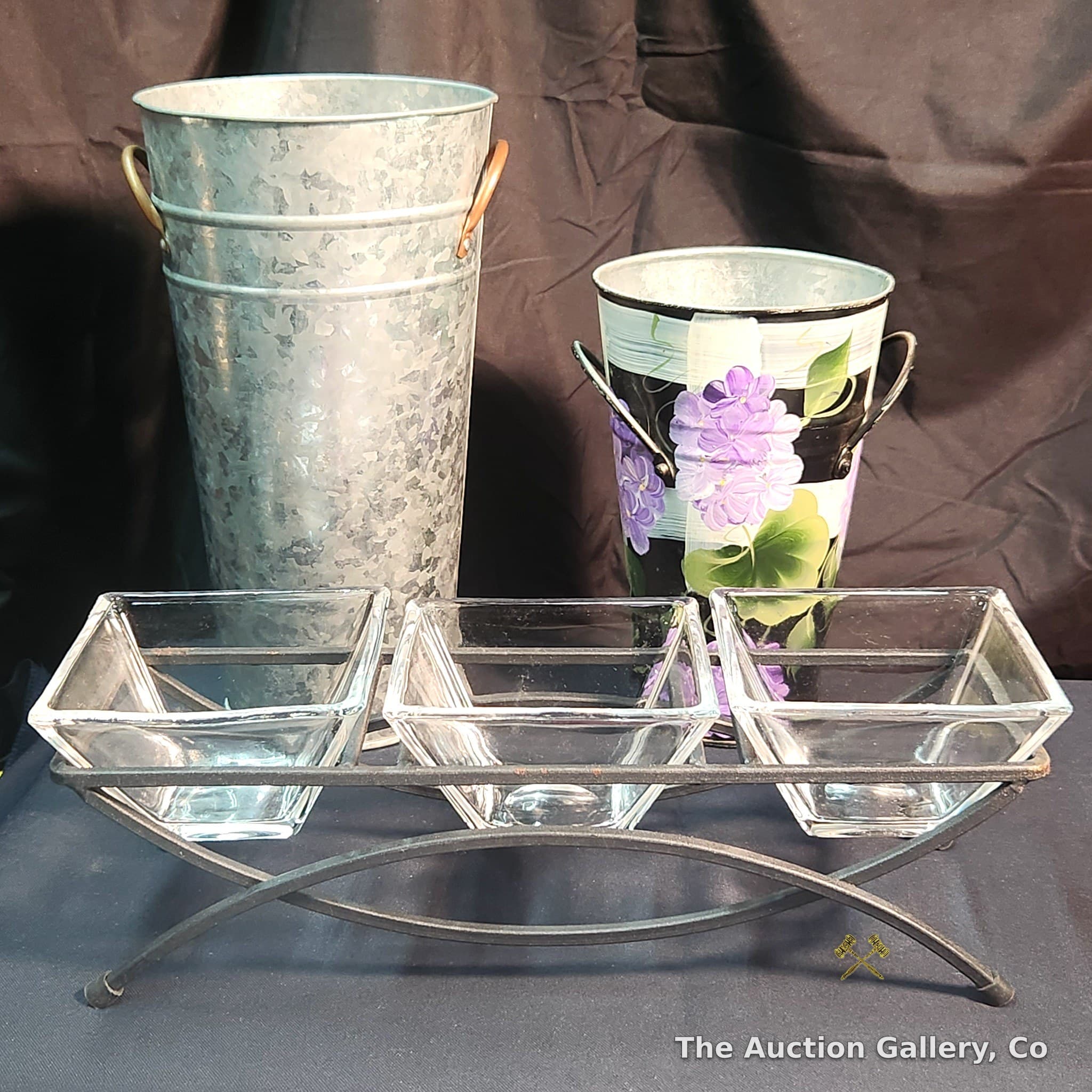 Metal Buckets and Glass Serving Dish Set, 3 Pieces