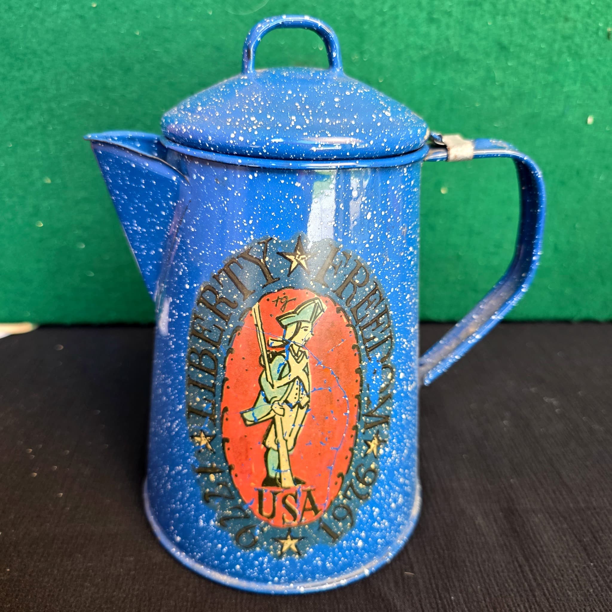 Vintage Blue Speckled Enamel Coffee Pot, Bicentennial