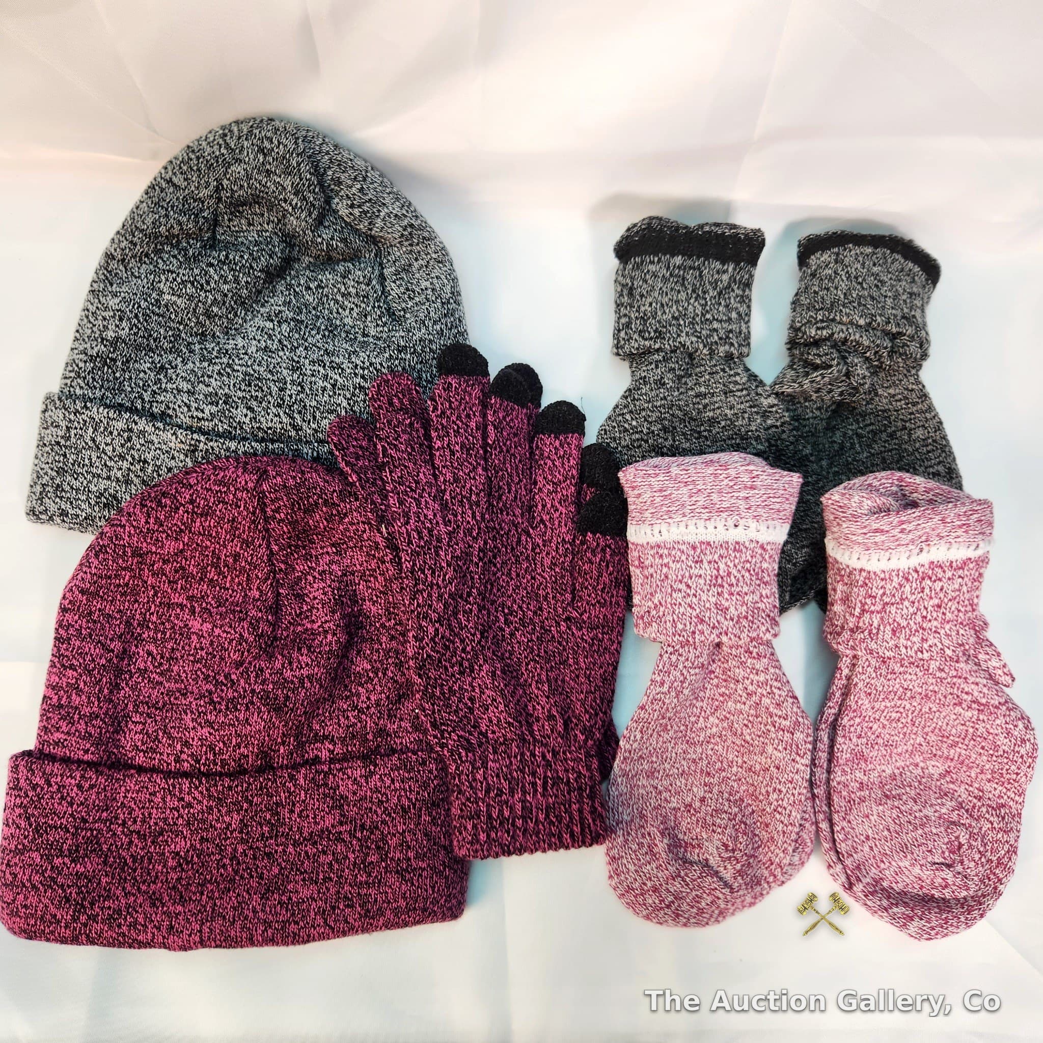 Winter Knit Hats, Gloves & Socks Set, Gray & Berry