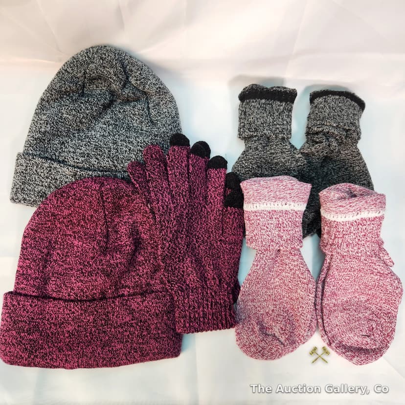 Winter Knit Hats, Gloves & Socks Set, Gray & Berry