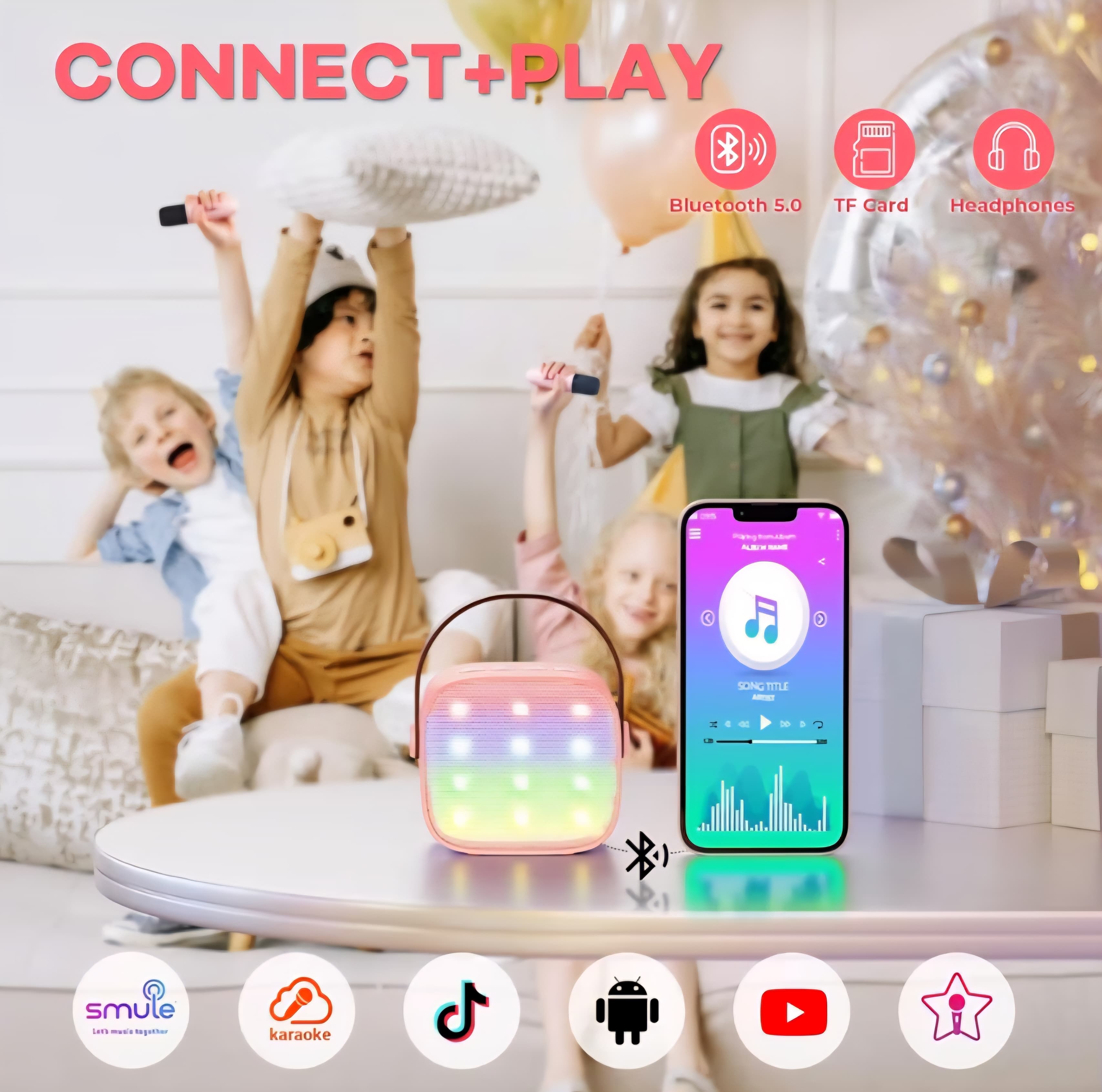 LED Portable Karaoke Bluetooth Speaker with 2 Wireless Microphones and Audio Effects